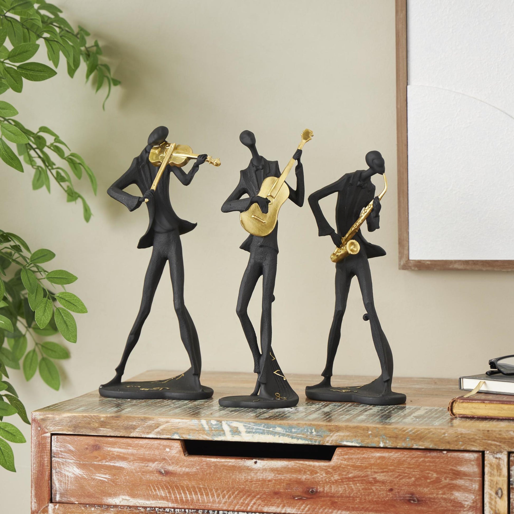 Set of 3 Musician Black Polystone Abstract Decorative Sculpture with Gold Instruments and Music Notes