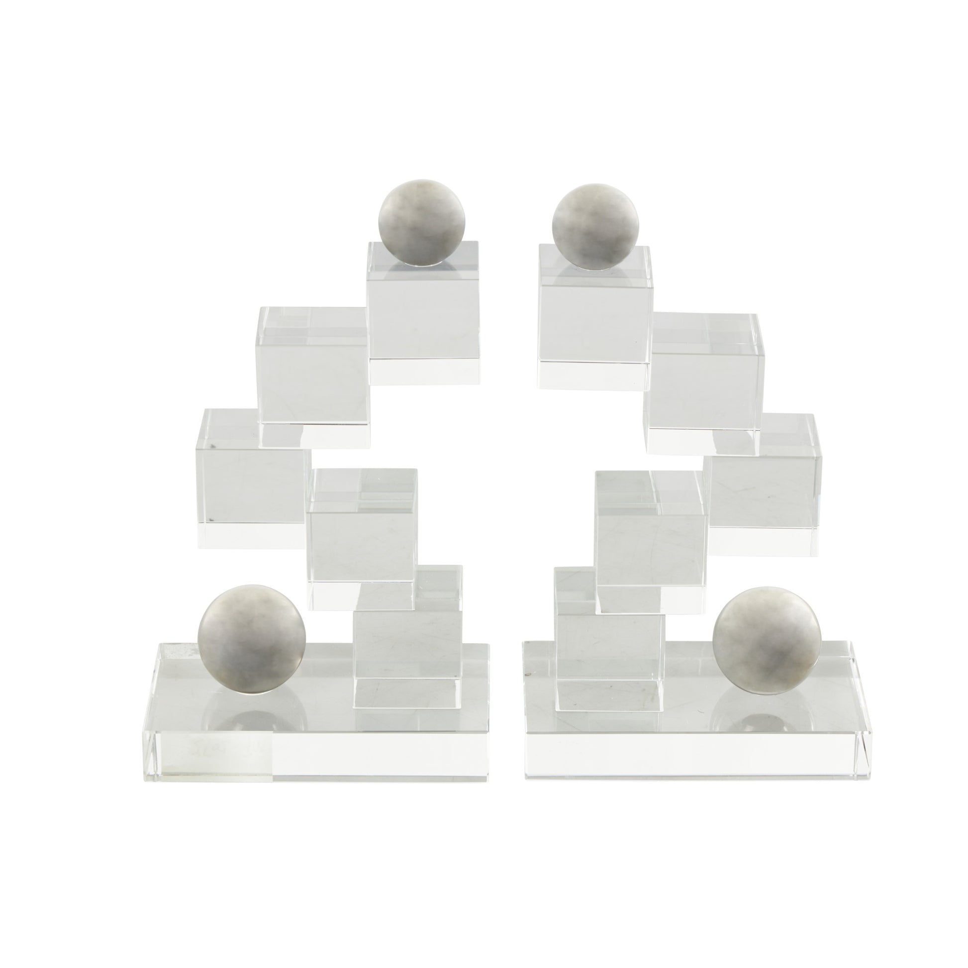 Set of 2 Geometric Clear Glass Stacked Squares Decorative Bookends with Silver Orbs