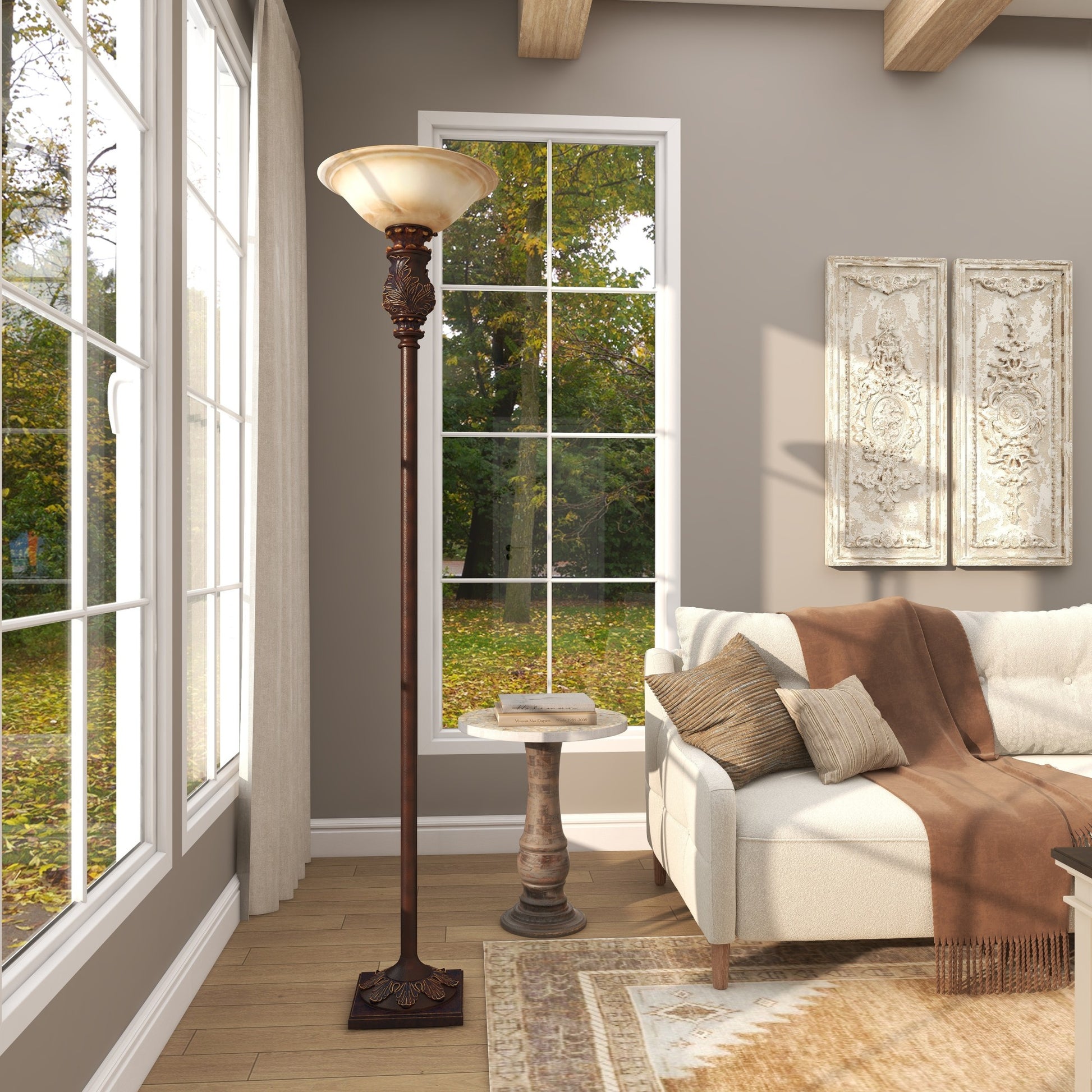 Leaf Brown Metal Antique Style Room Torchiere with Gold Accents