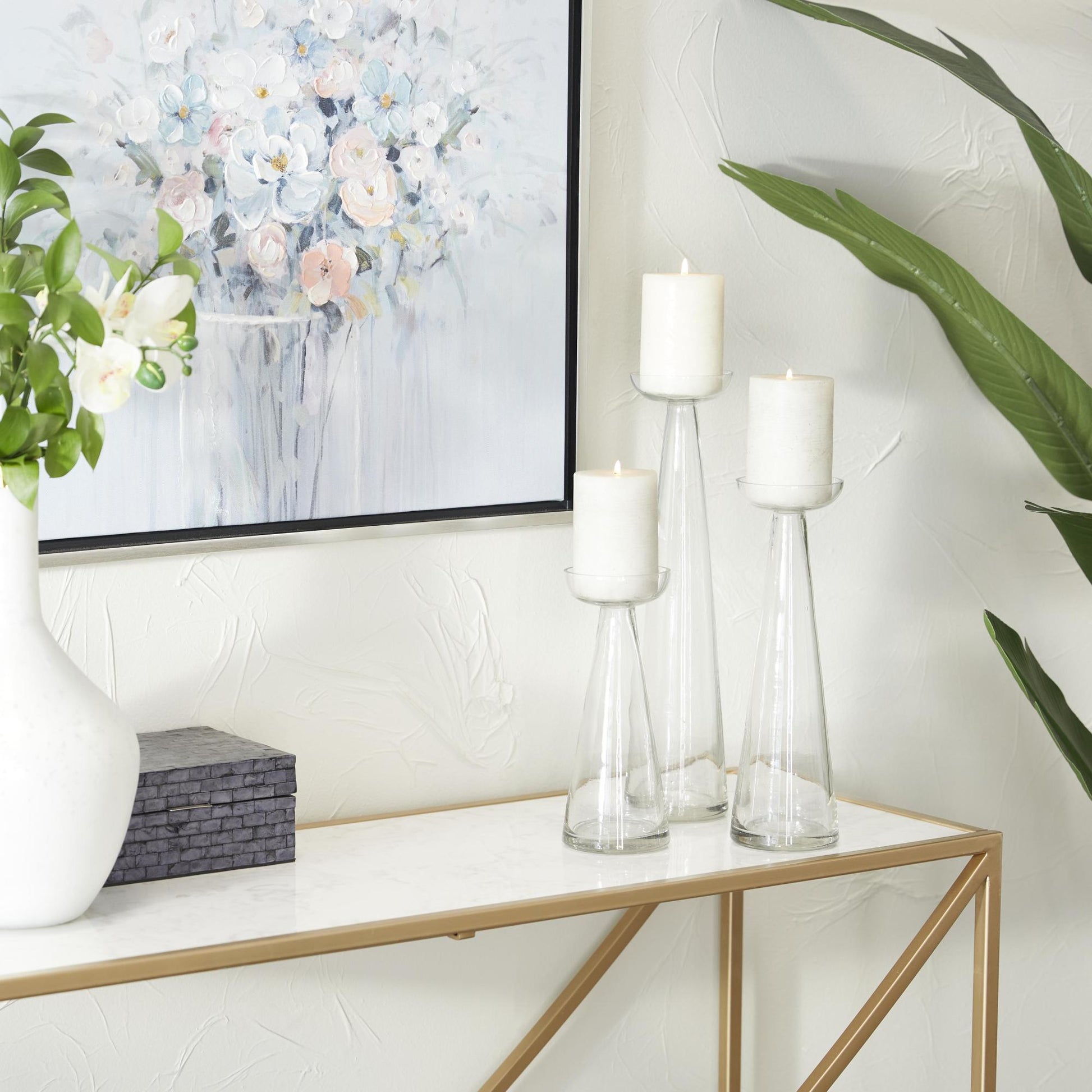 Set of 3 Glass Tapered Cone Decorative Candle Holder with Rounded Candle Plates