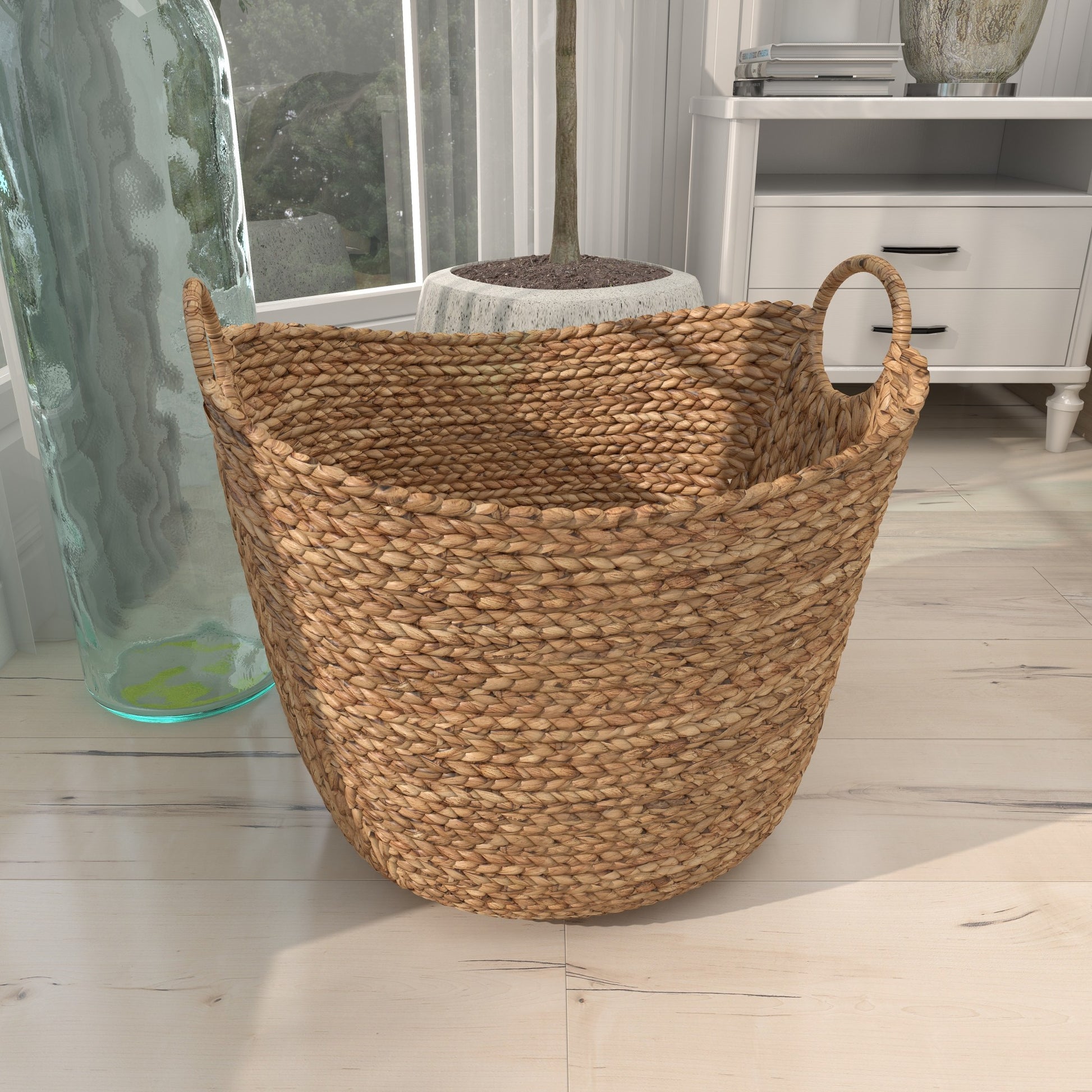 Seagrass Handmade Large Woven Decorative and Functional Storage Basket with Ring Handles