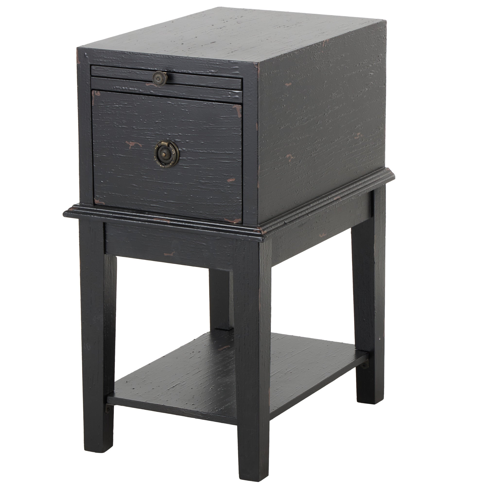 Black Wooden Distressed 1 Drawer Room Accent Table with Sliding Shelf and Silver Floral Ring Handle