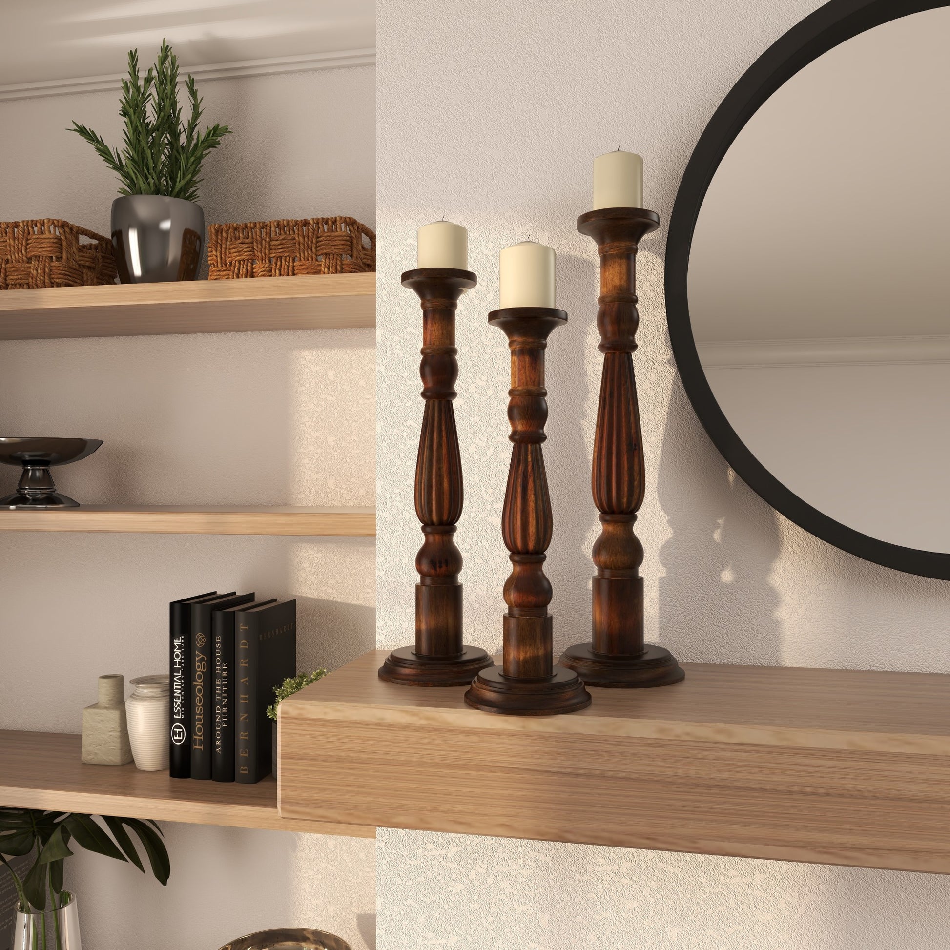 Set of 3 Brown Mango Wood Tall Turned Decorative Candle Holder