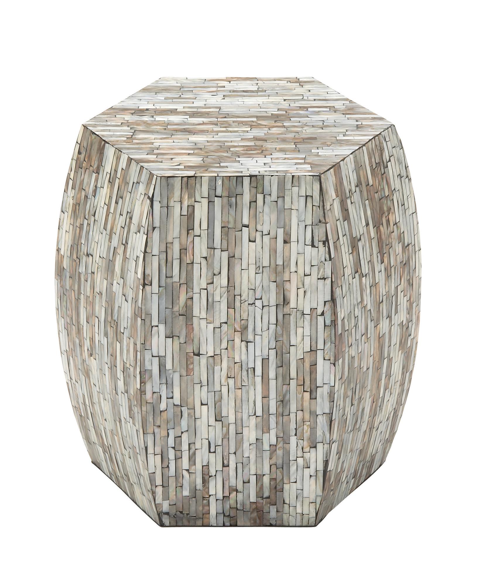 Geometric Gray Mother of Pearl Shell Handmade Shell Mosaic Hexagon Side End Accent Table with Brown Accents