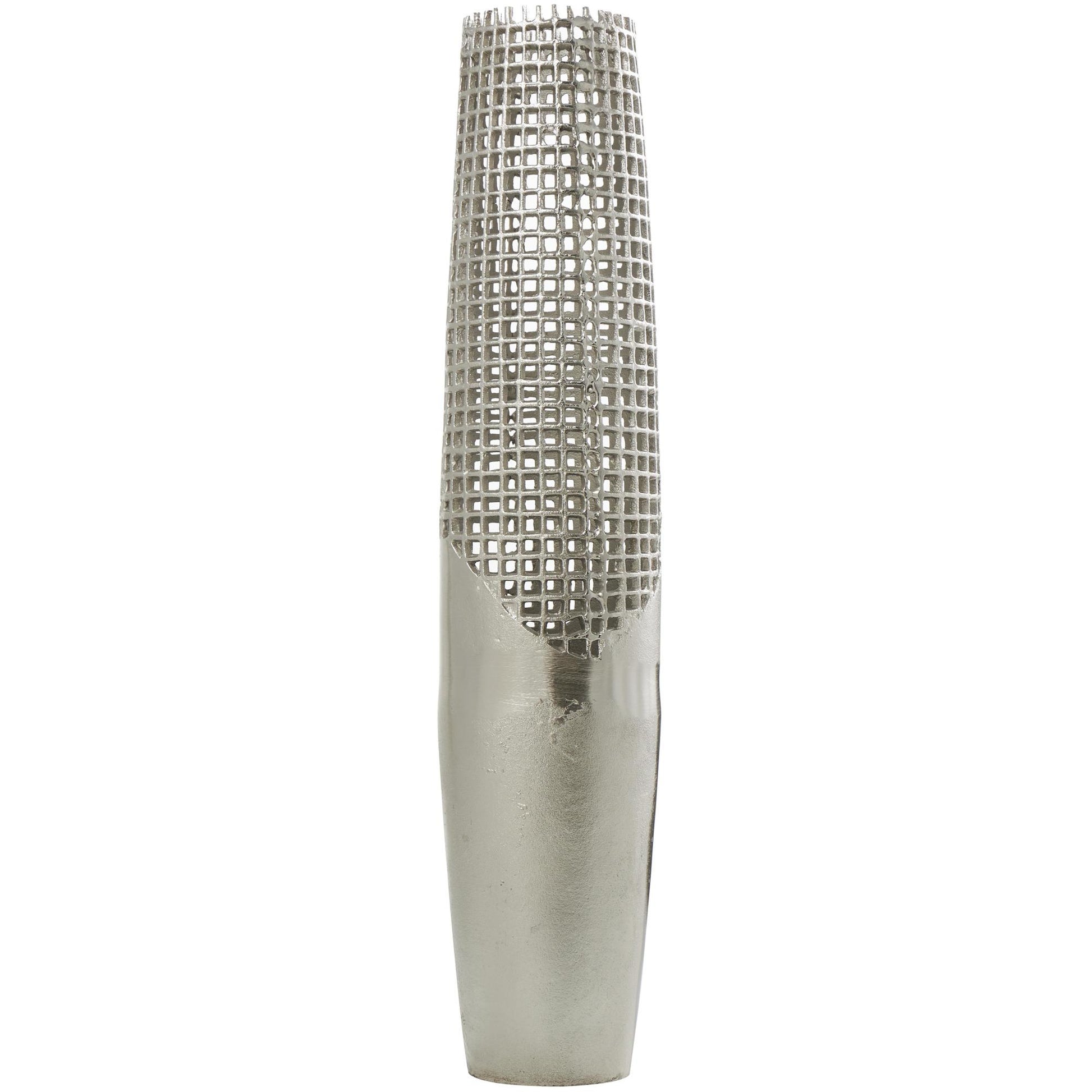 Silver Aluminum Metal Tall Grid Inspired Decorative Vase with Open Frame Design