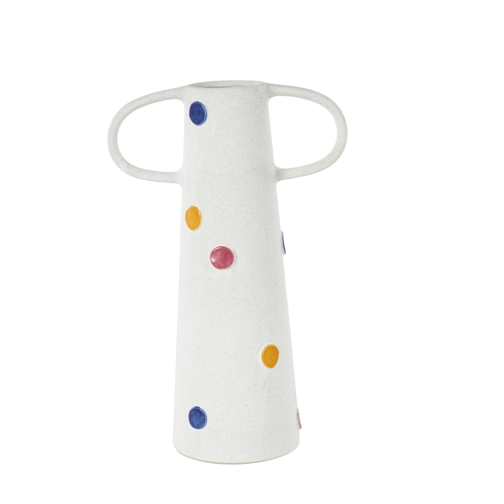 White Ceramic Slim Cone Decorative Vase with Multicolor Spots and Handles