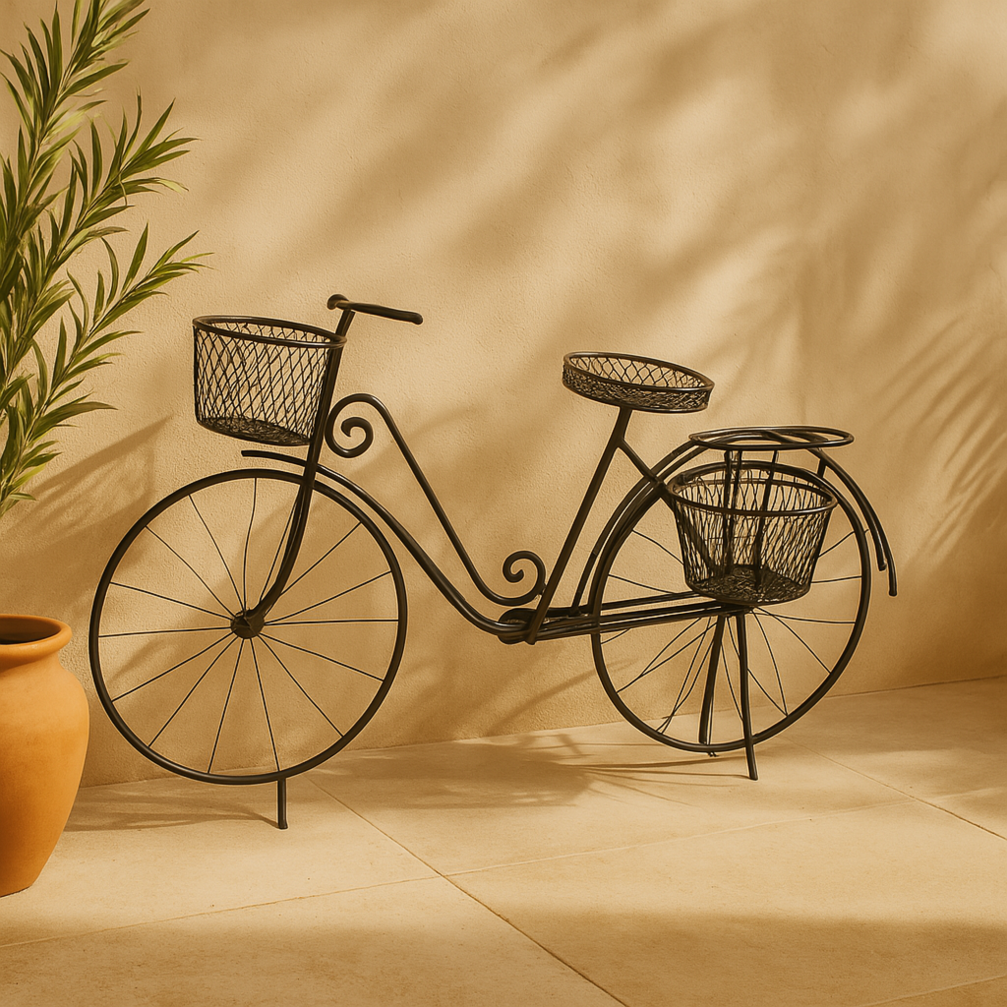 Bike Brown Metal Wire Floral Scrolled Indoor Outdoor Plantstand with Basket and Saddle Bag Planters