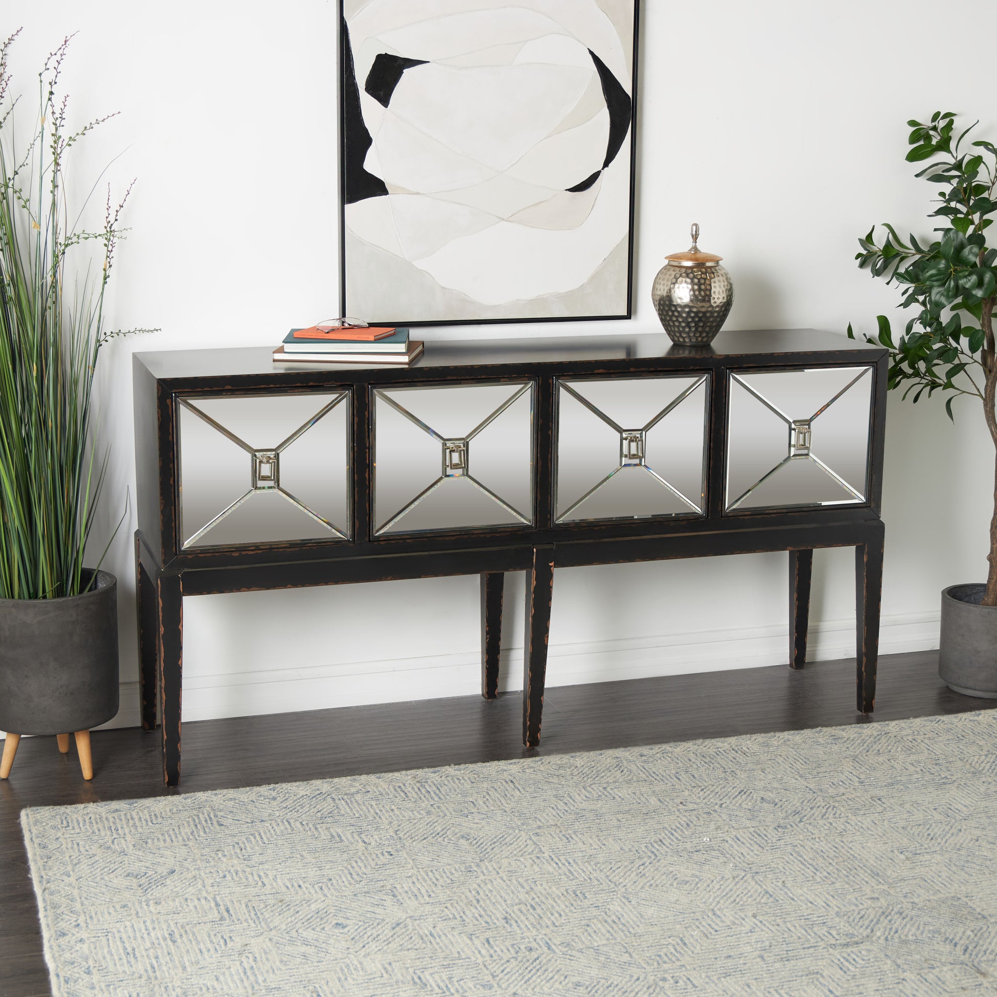 Geometric Black Wooden Distressed 4 Door Living Room Console Table with Square Mirrored Front Panels and Silver Rectangular Handles