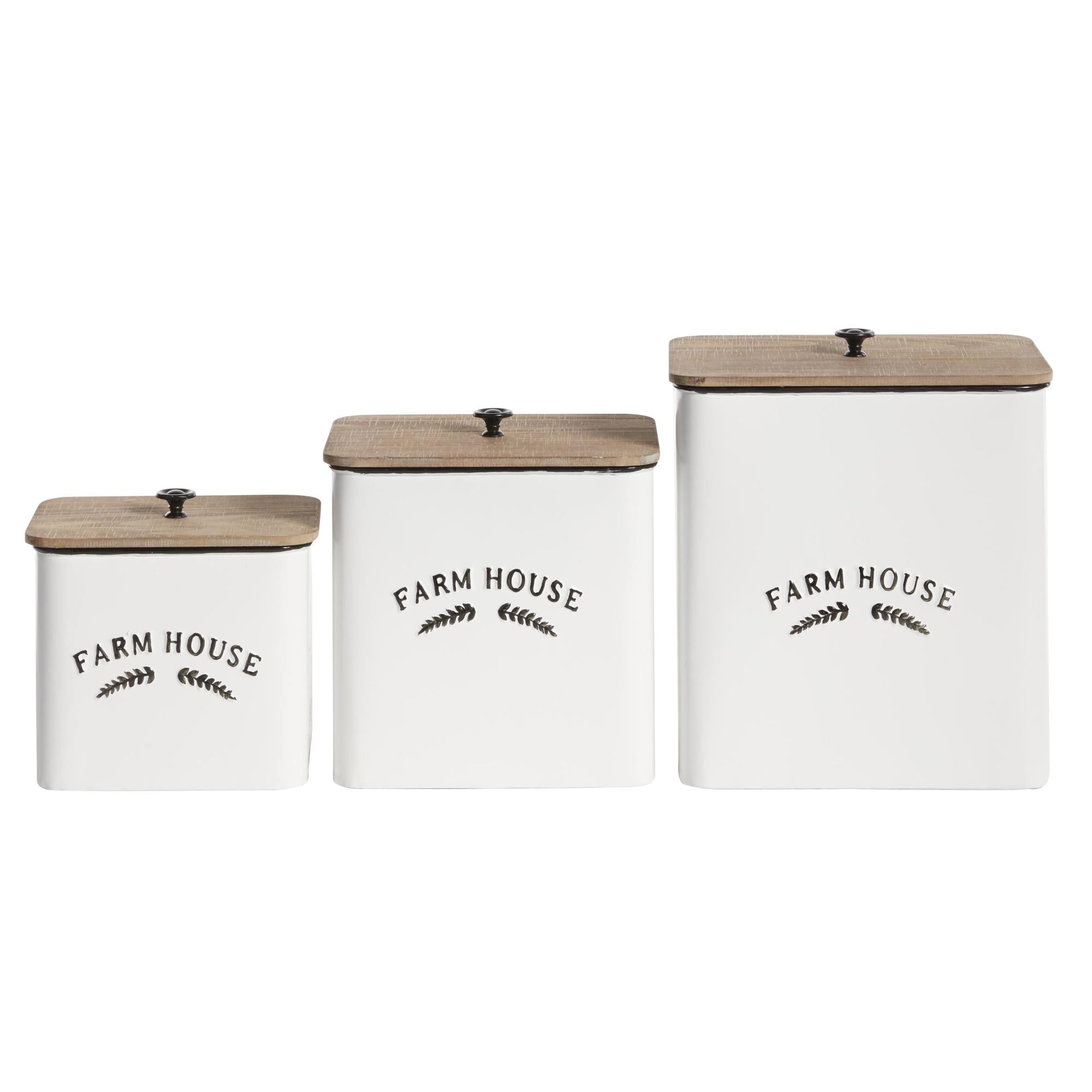 Set of 3 White Metal Farm House Decorative Canisters with Wood Lids and Black Accents