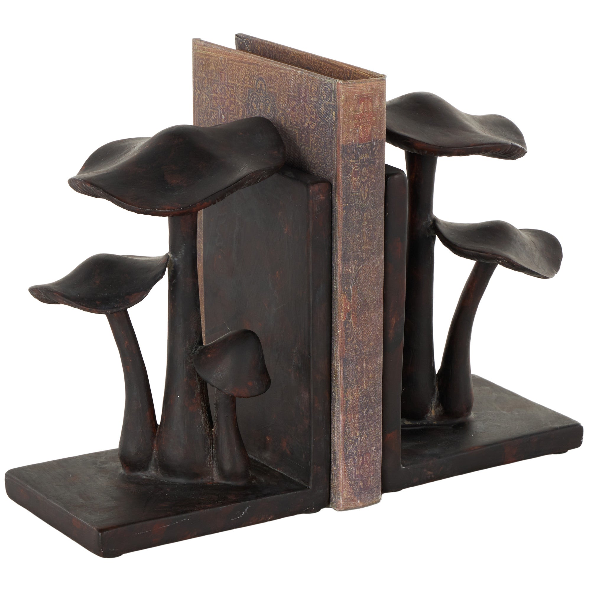 Set of 2 Mushroom Dark Brown Polyresin Decorative Bookends with Copper Shadings