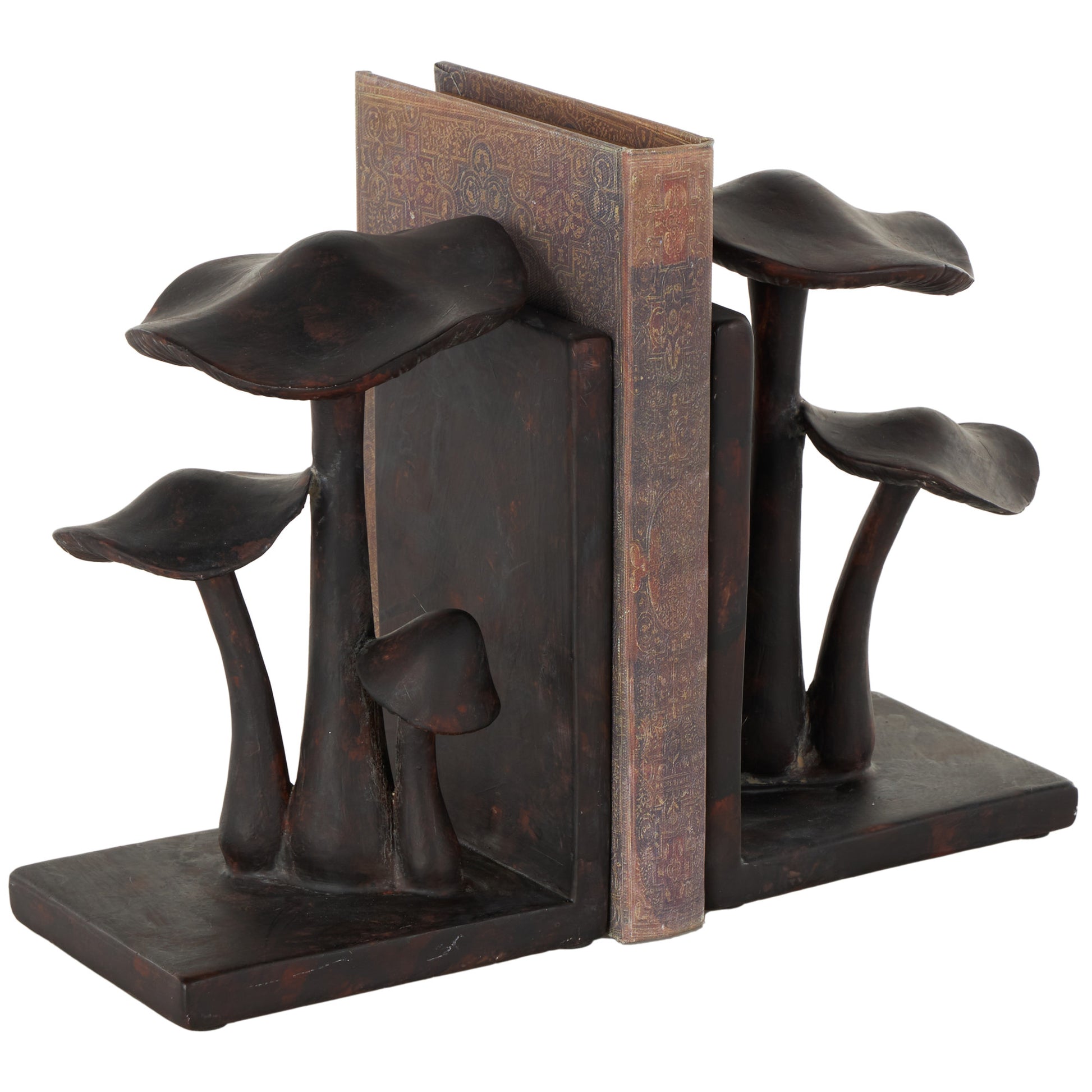 Set of 2 Mushroom Dark Brown Polyresin Decorative Bookends with Copper Shadings
