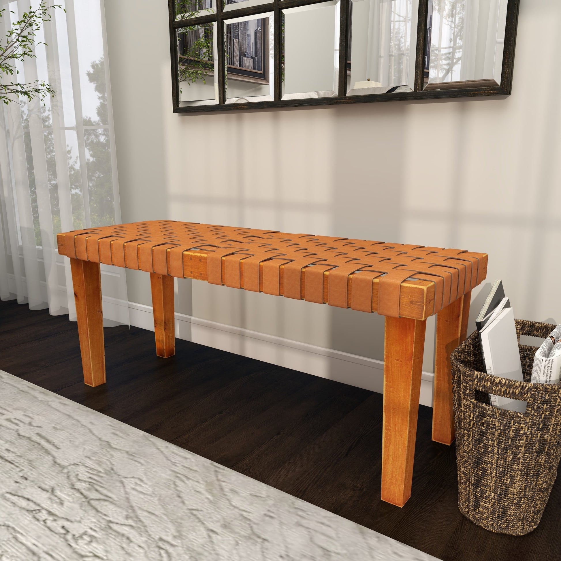 Brown Faux Leather Handmade Woven Home Bench with Wood Frame