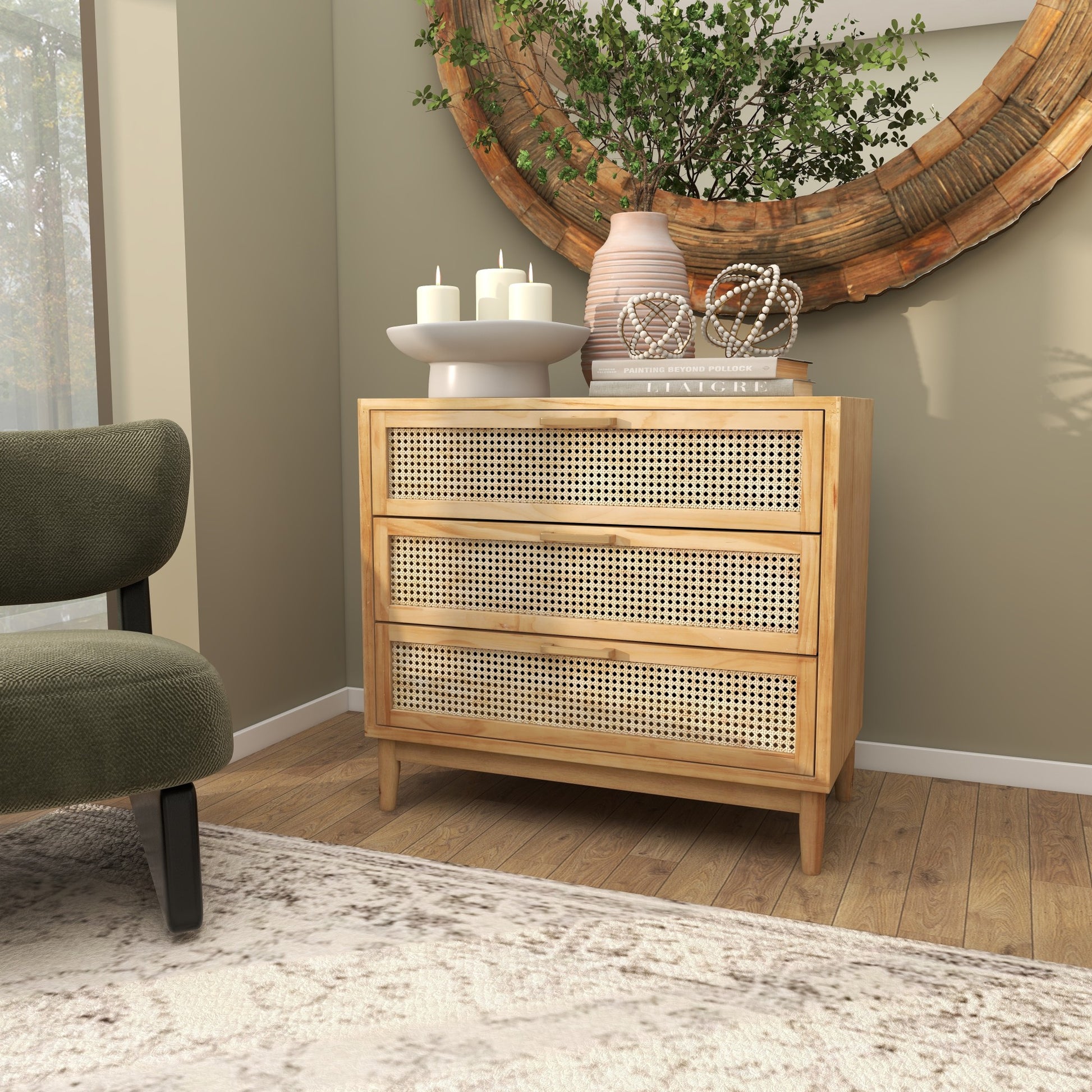 Wood 3 Drawer Room Chest with Beige Rattan Drawers and Gold Handles