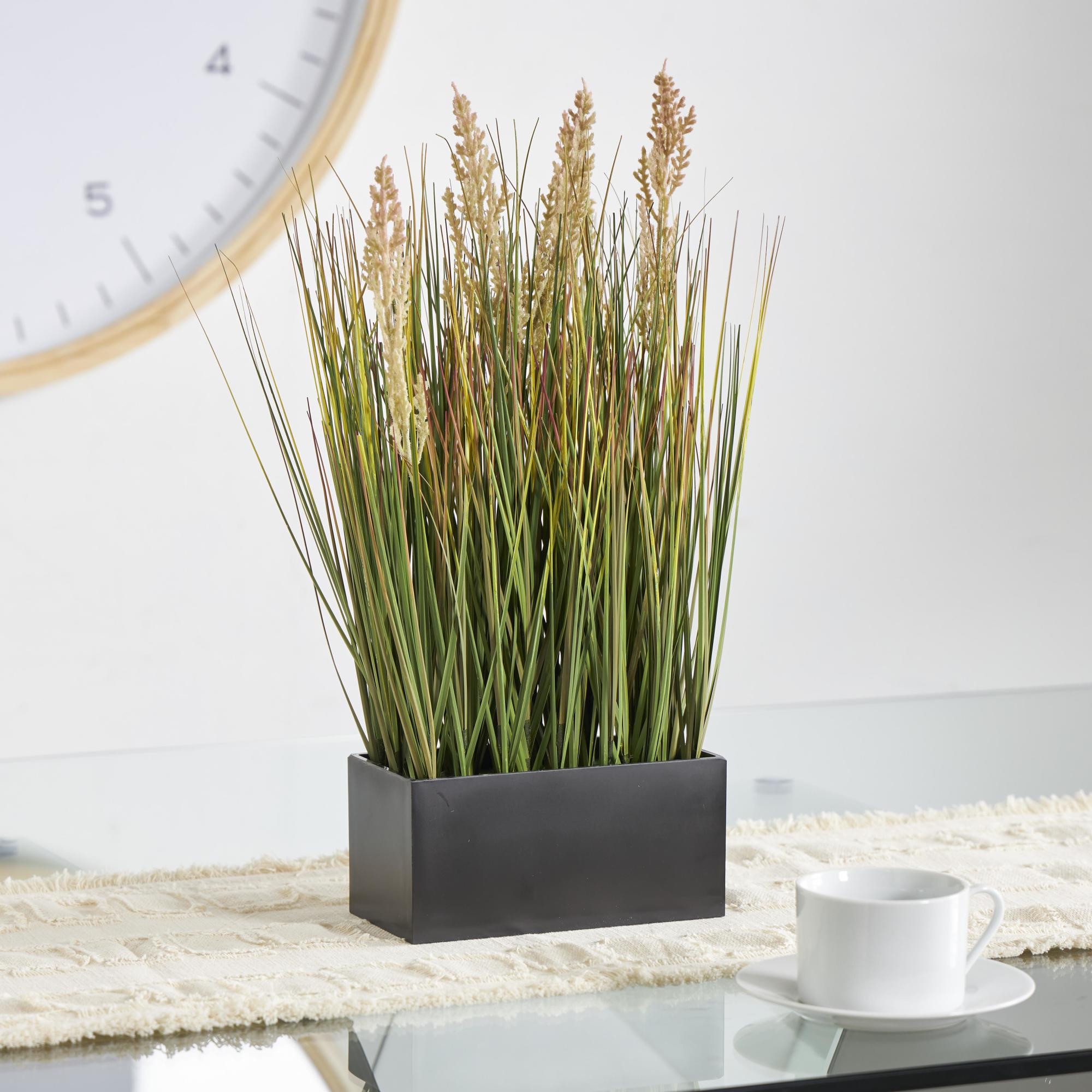 Onion Grass Faux Foliage Indoor Outdoor Artificial Plant with Black Rectangular Plastic Pot 13" x 10" x 18"