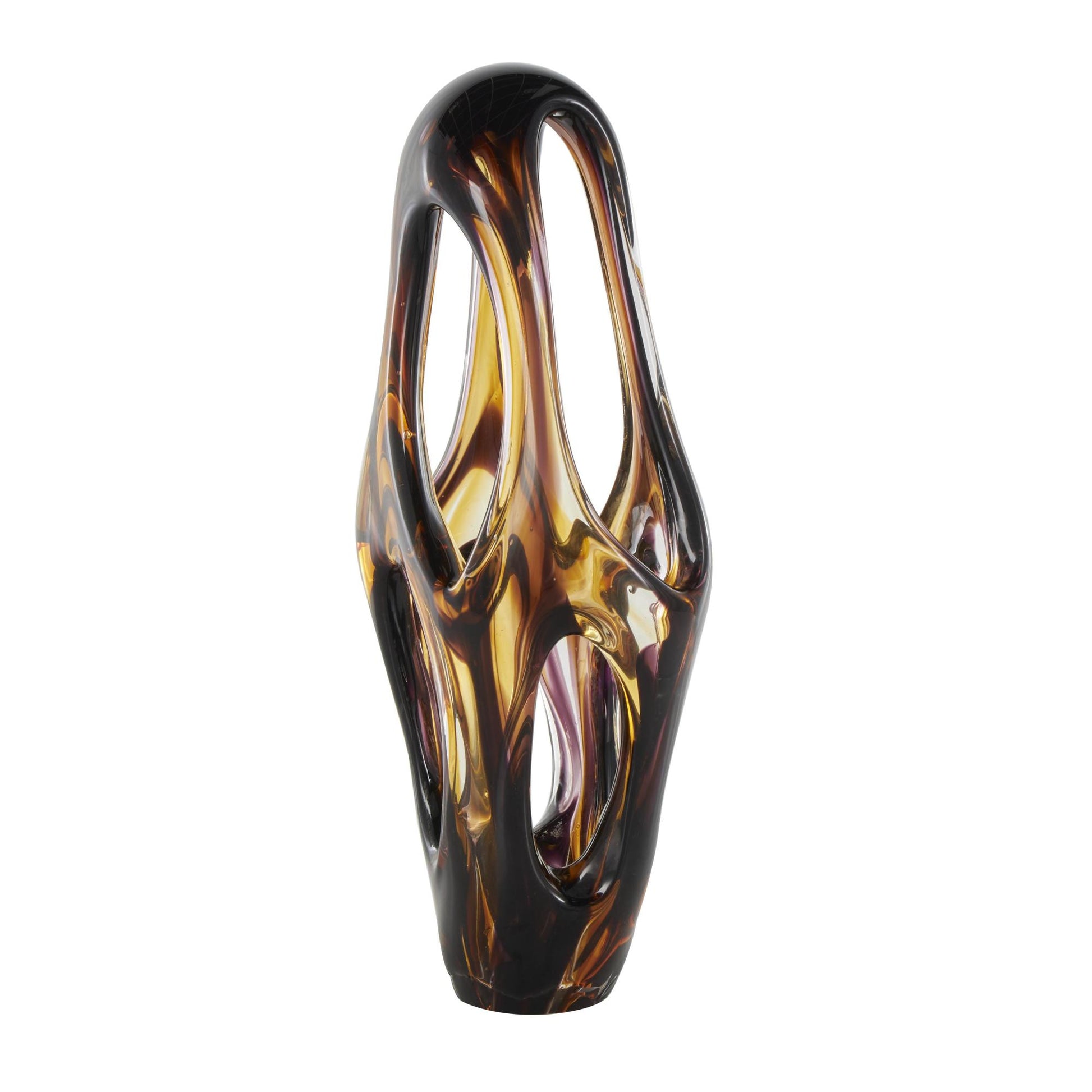 Abstract Yellow Glass Cutout Decorative Sculpture with Pink and Amber Accents