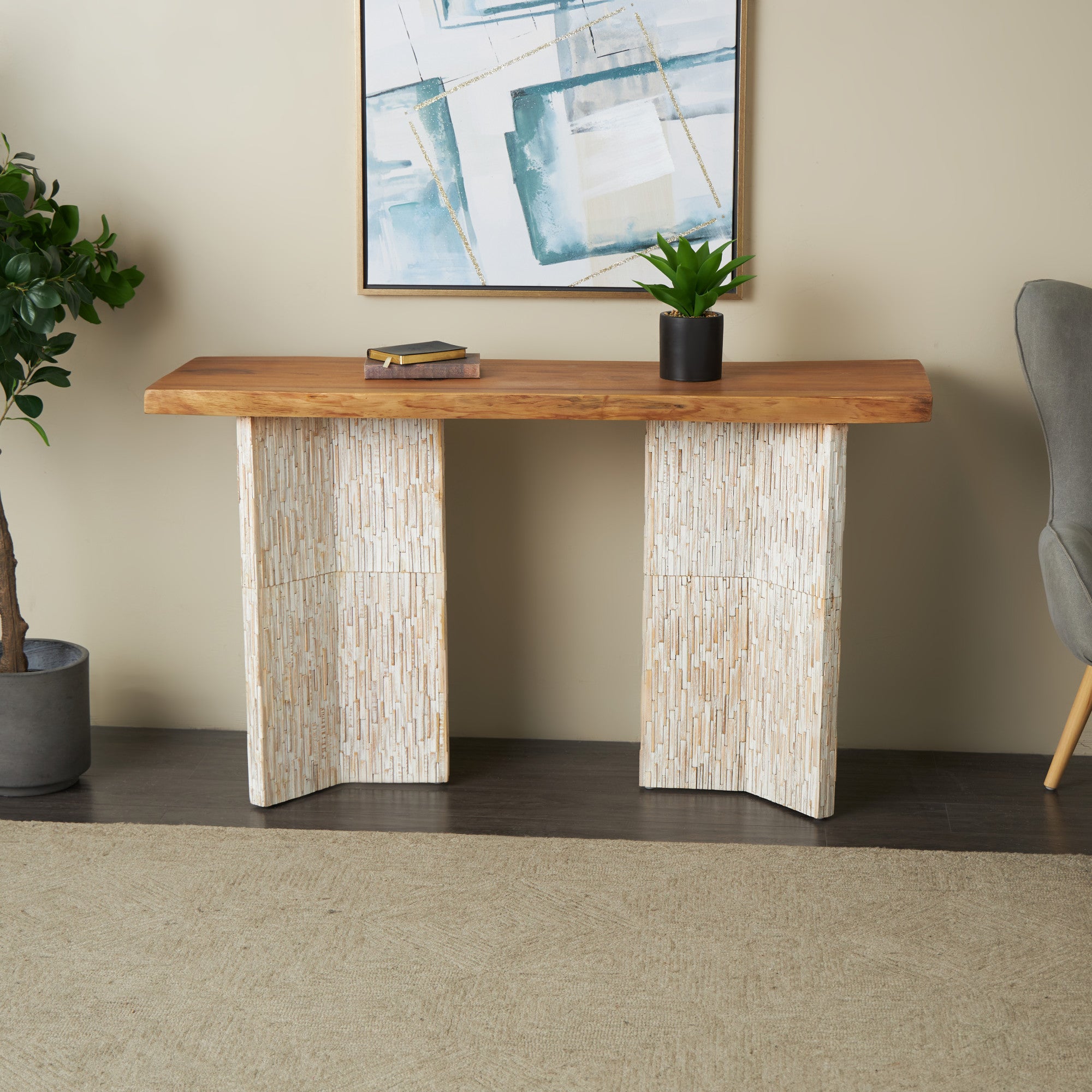 Brown Teak Wood Handmade Rectangular Living Room Console Table with Envi Slat Legs
