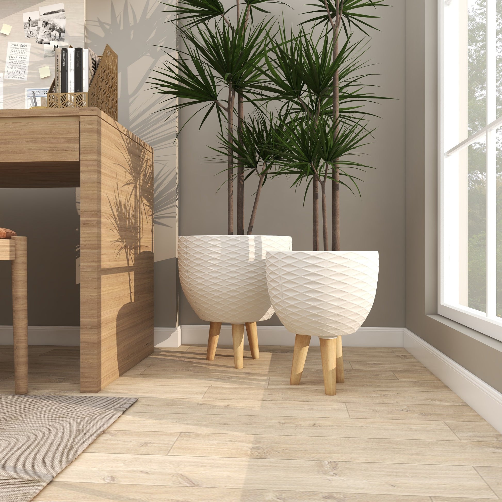 Set of 2 Geometric Ceramic Diamond Patterned Indoor Outdoor Planter with Wood Tripod Legs