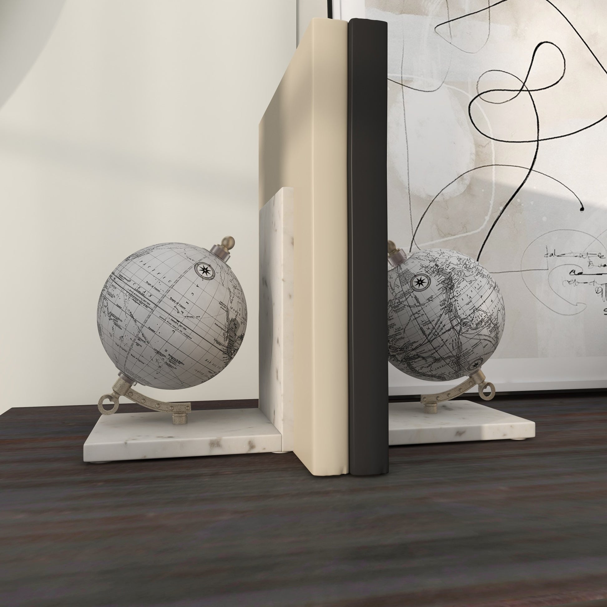 Set of 2 Globe White Marble Decorative Bookends with Silver Metal Accents