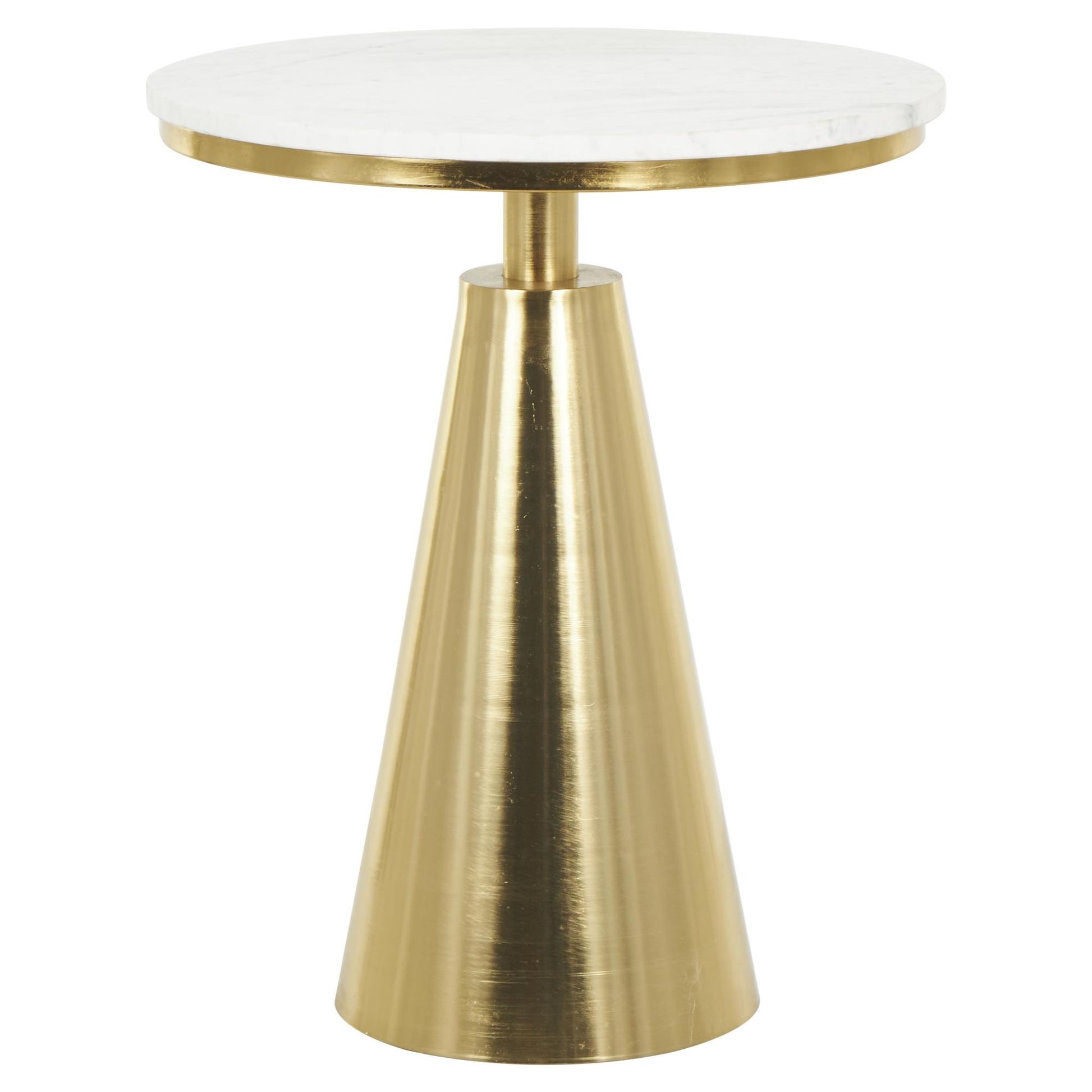 Geometric Gold Metal Cone Side End Accent Table with White Marble Tabletop