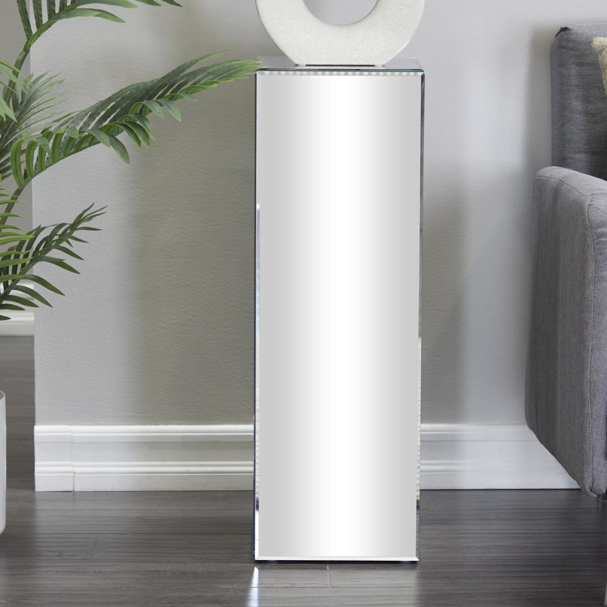 Silver Glass Tall Rectangular Mirrored Side End Pedestal Table