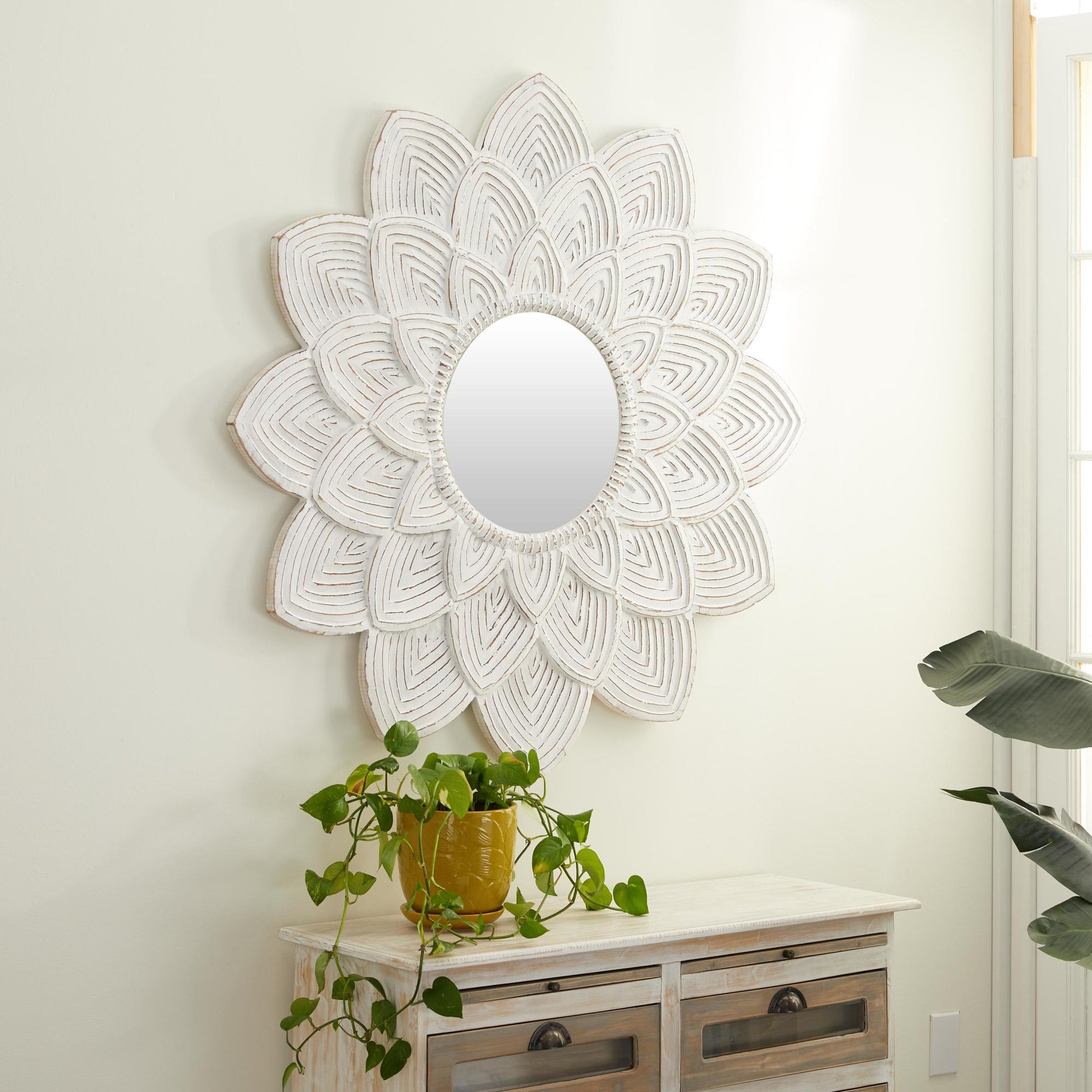 Floral White Wooden Carved Room Wall Mirror with Overlapping Petals