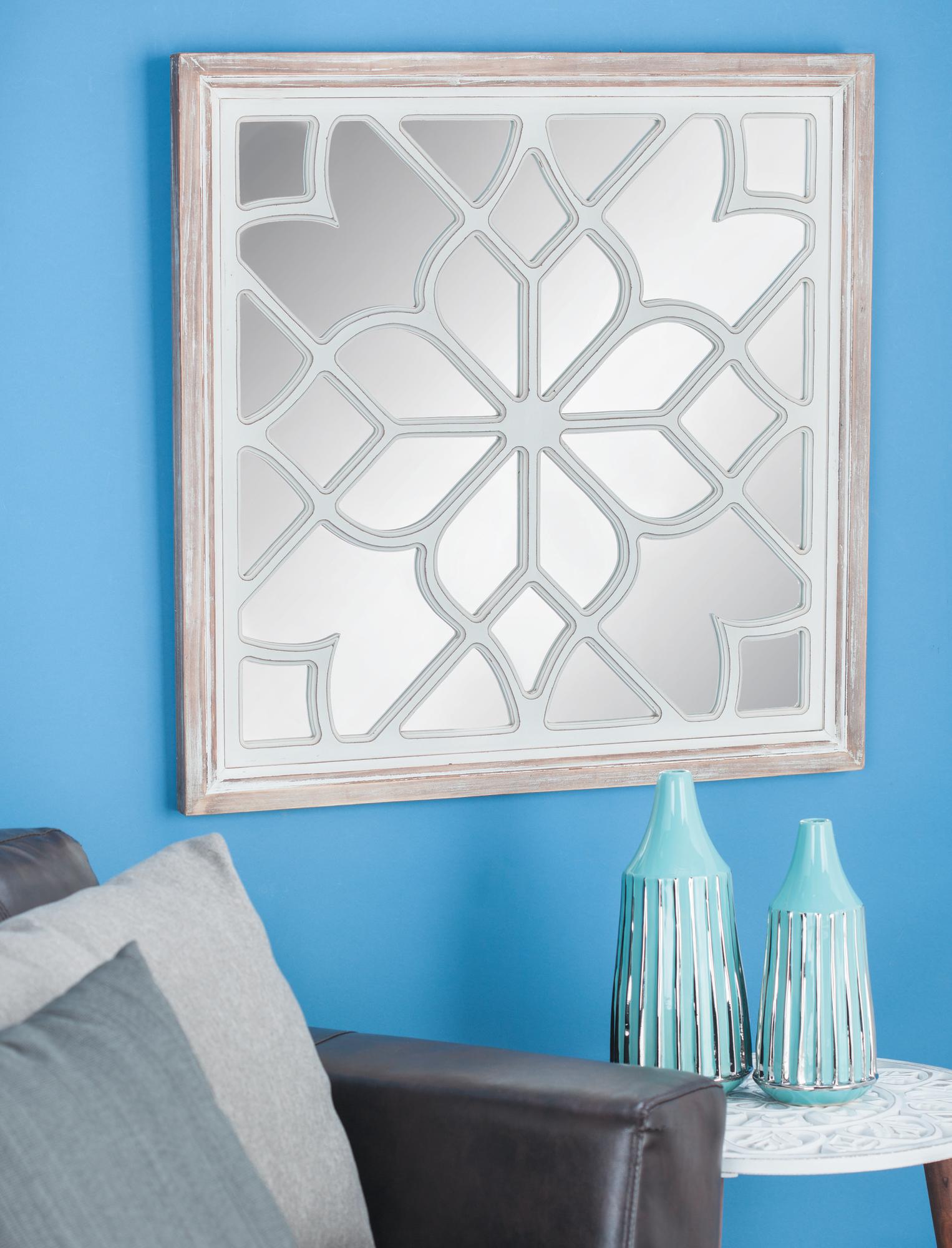 Floral White Wood Room Wall Mirror with Carved Overlay and Brown Frame