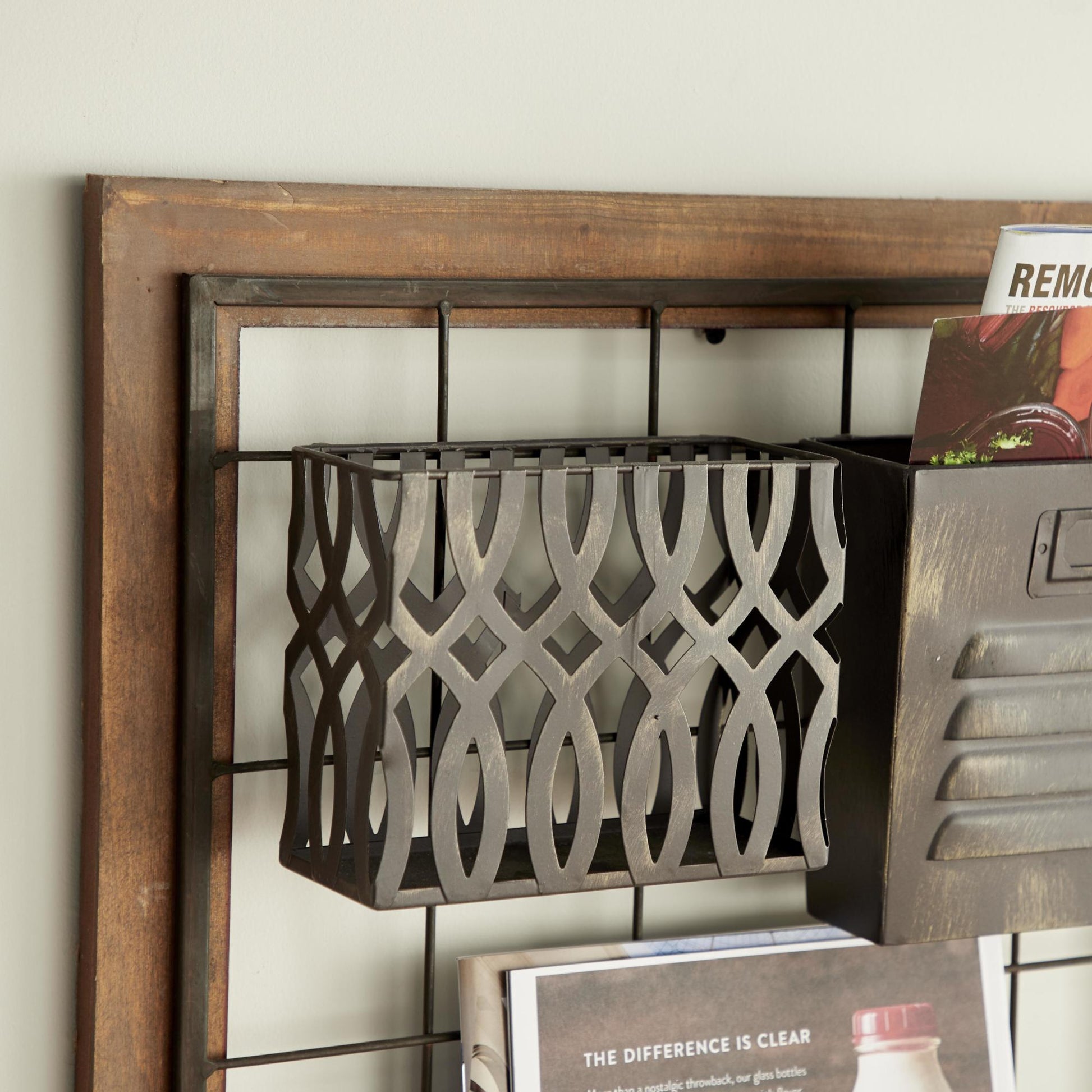 Brown Metal 1 Slot and 5 Baskets Decorative Magazine Rack Holder with Suspended Baskets and Label Slot
