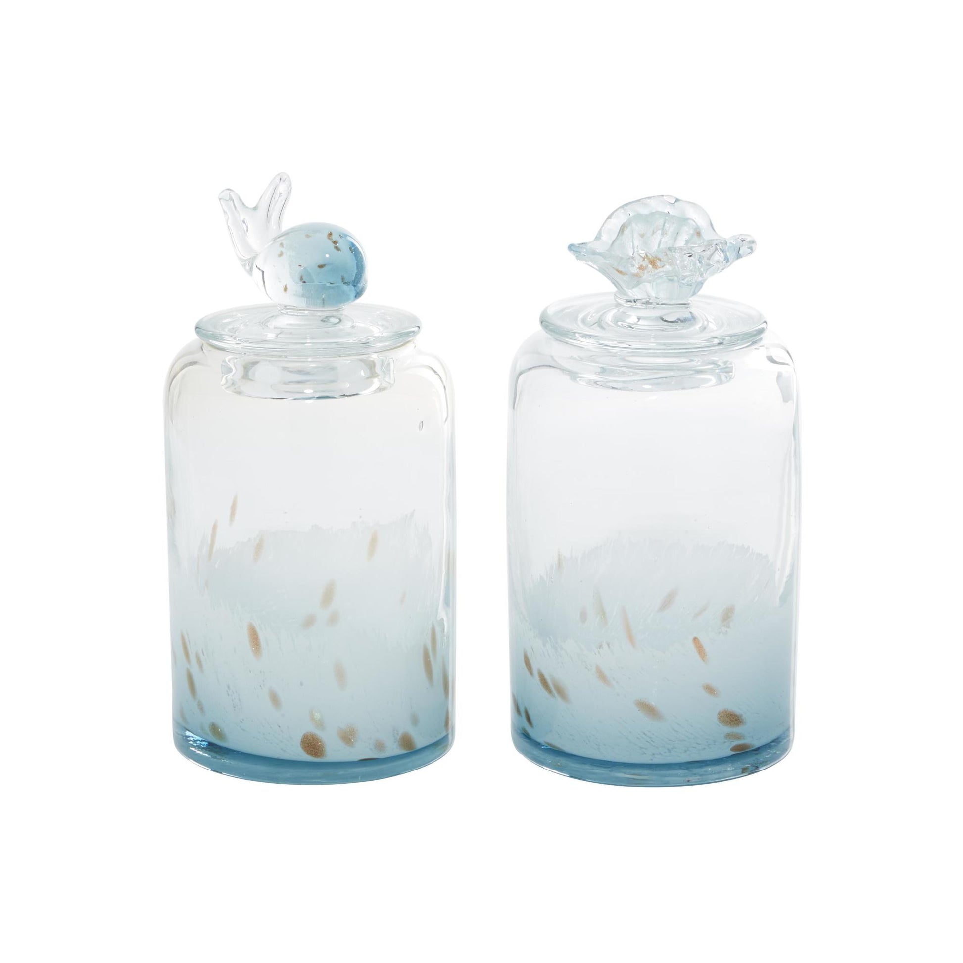 Set of 2 Shell Blue Glass Handmade Living Room Decorative Jars with Whale and Seashell Tops