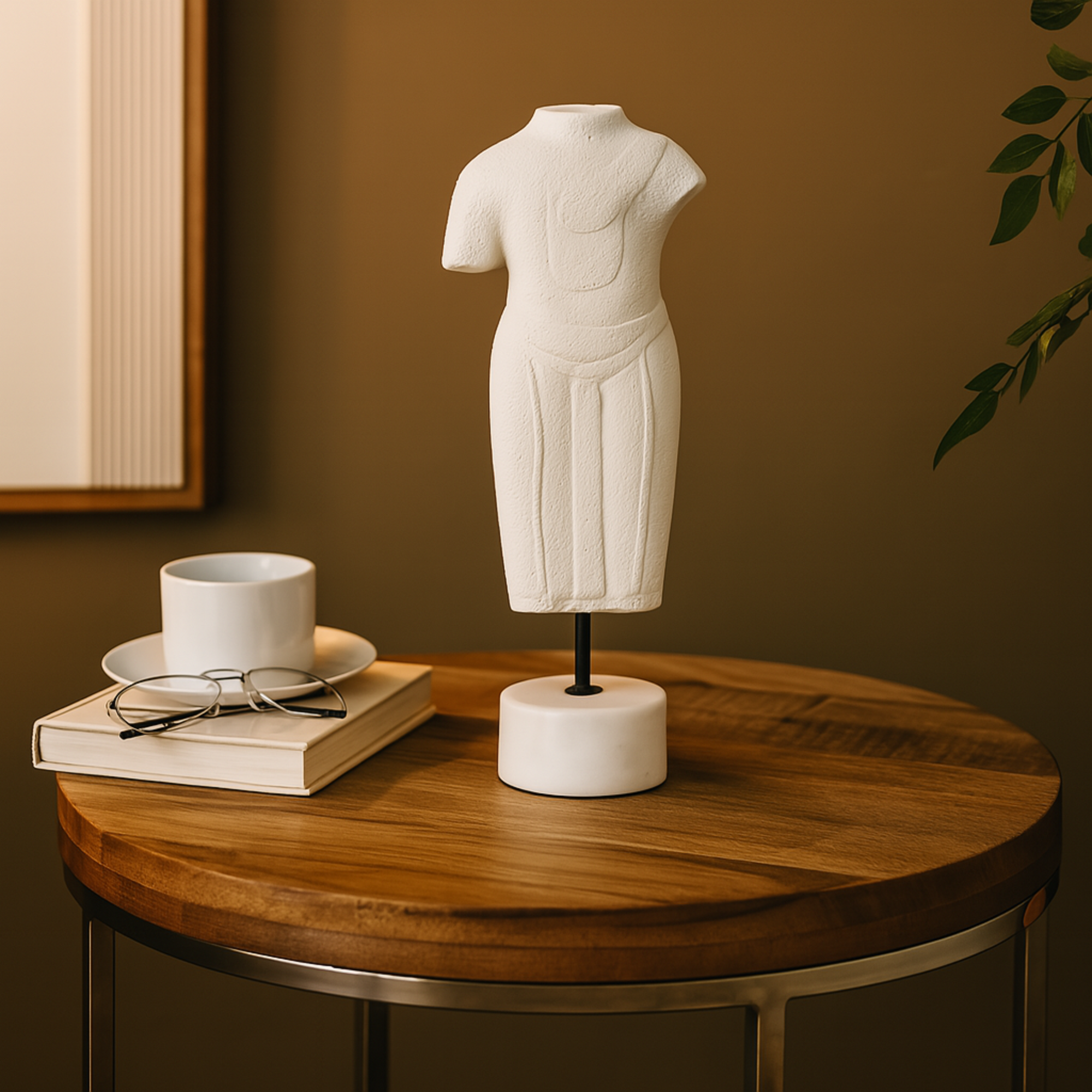 Woman Cream Paper Mache Statue Decorative Sculpture with White Marble Base