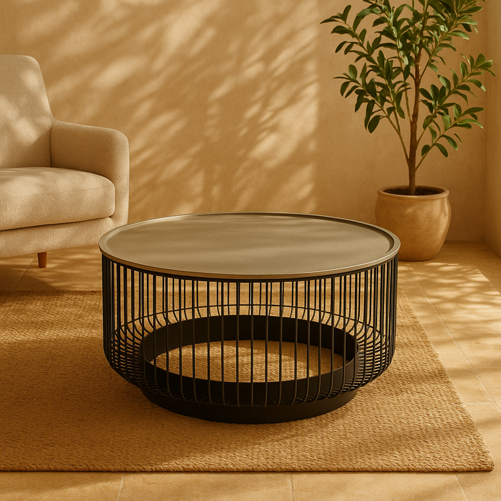 Geometric Black Aluminum Metal Open Frame Wire Coffee Table with Silver Aluminum Top