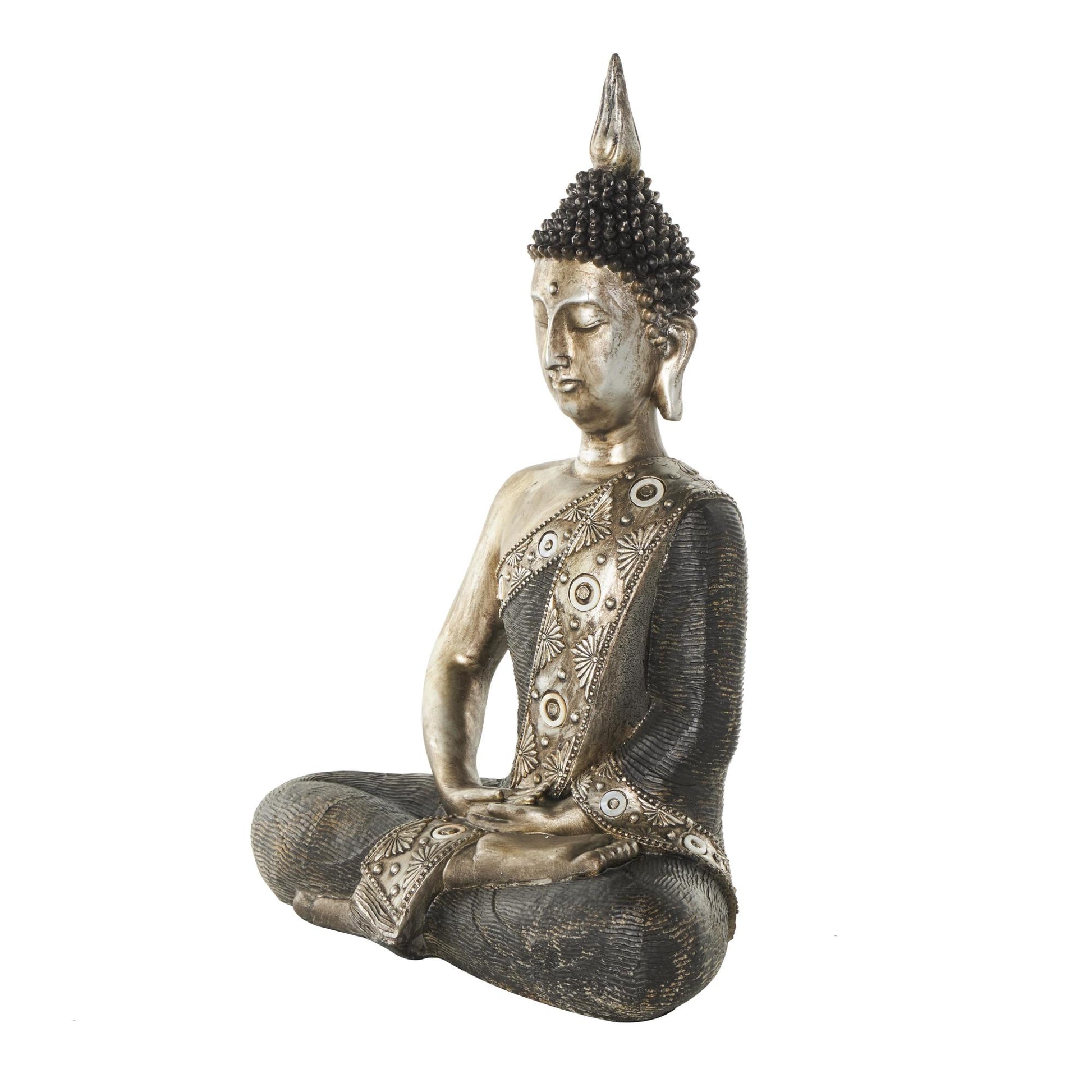 Buddha Brass Polystone Meditating Decorative Sculpture with Engraved Carvings and Relief Detailing