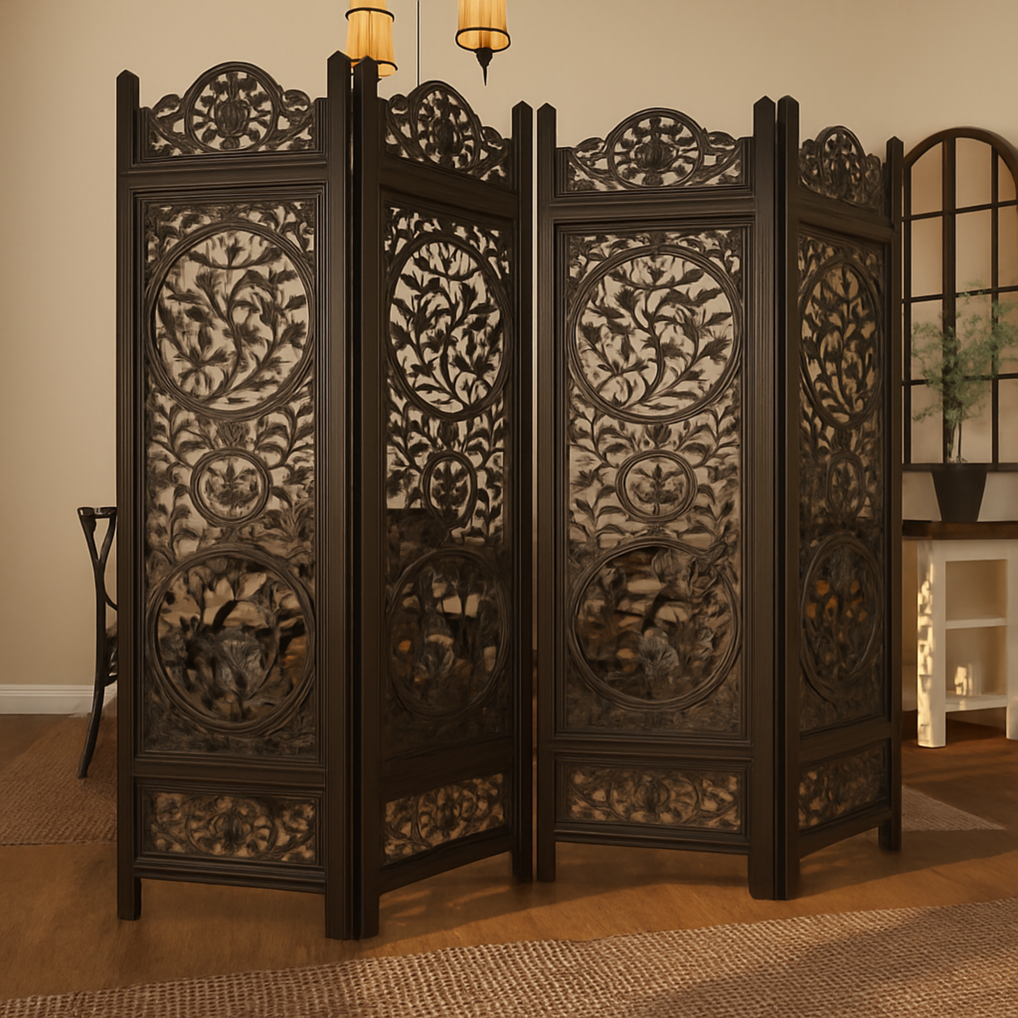 Floral Black Wood Handmade Foldable Partition Carved 4 Panel Partition Room Divider Screen