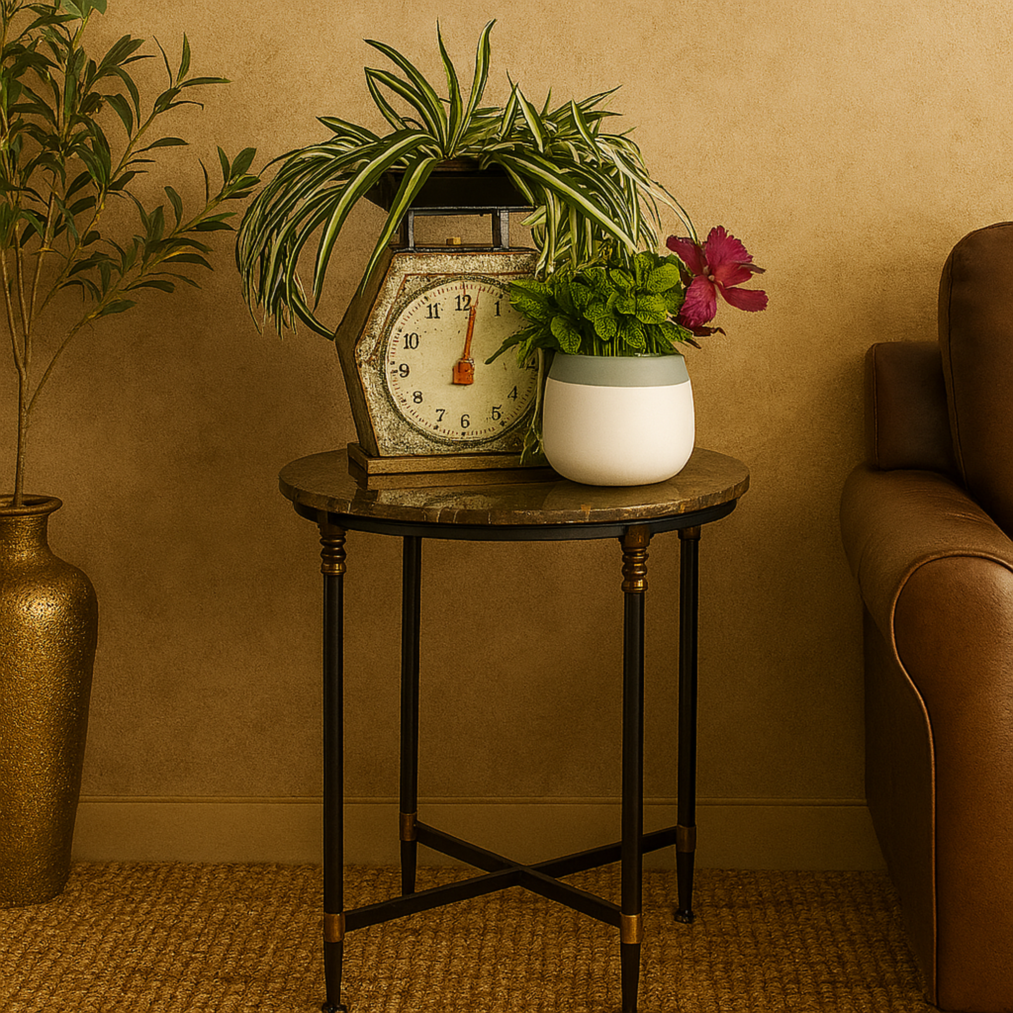 Brown Marble Side End Accent Table with Bronze Metal Legs