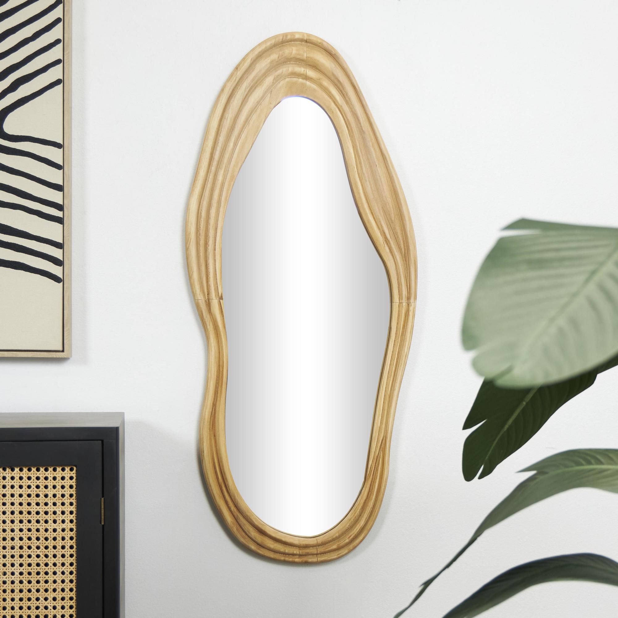 Abstract Brown Wood Wavy Room Wall Mirror with Dimensional Carved Frame