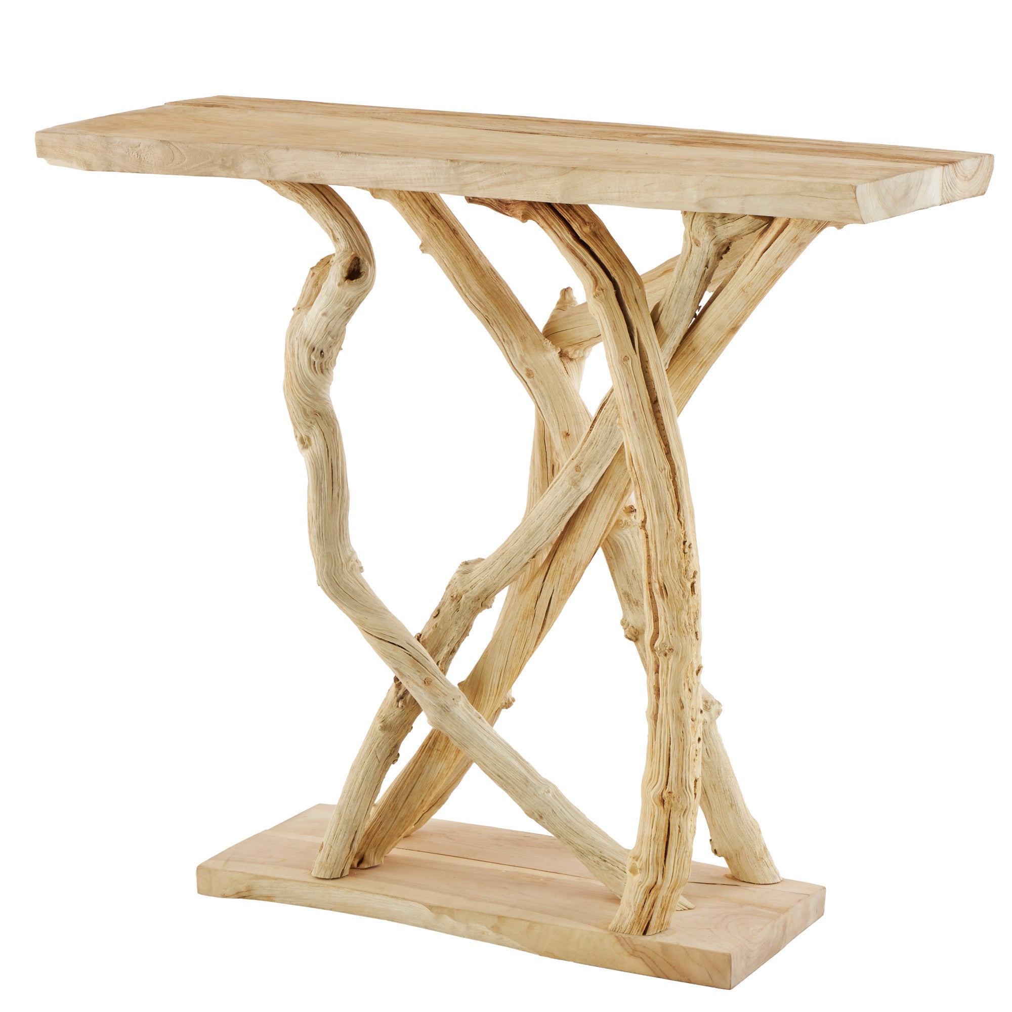 Brown Teak Wood Handmade Small Live Edge Tree Branch Living Room Console Table