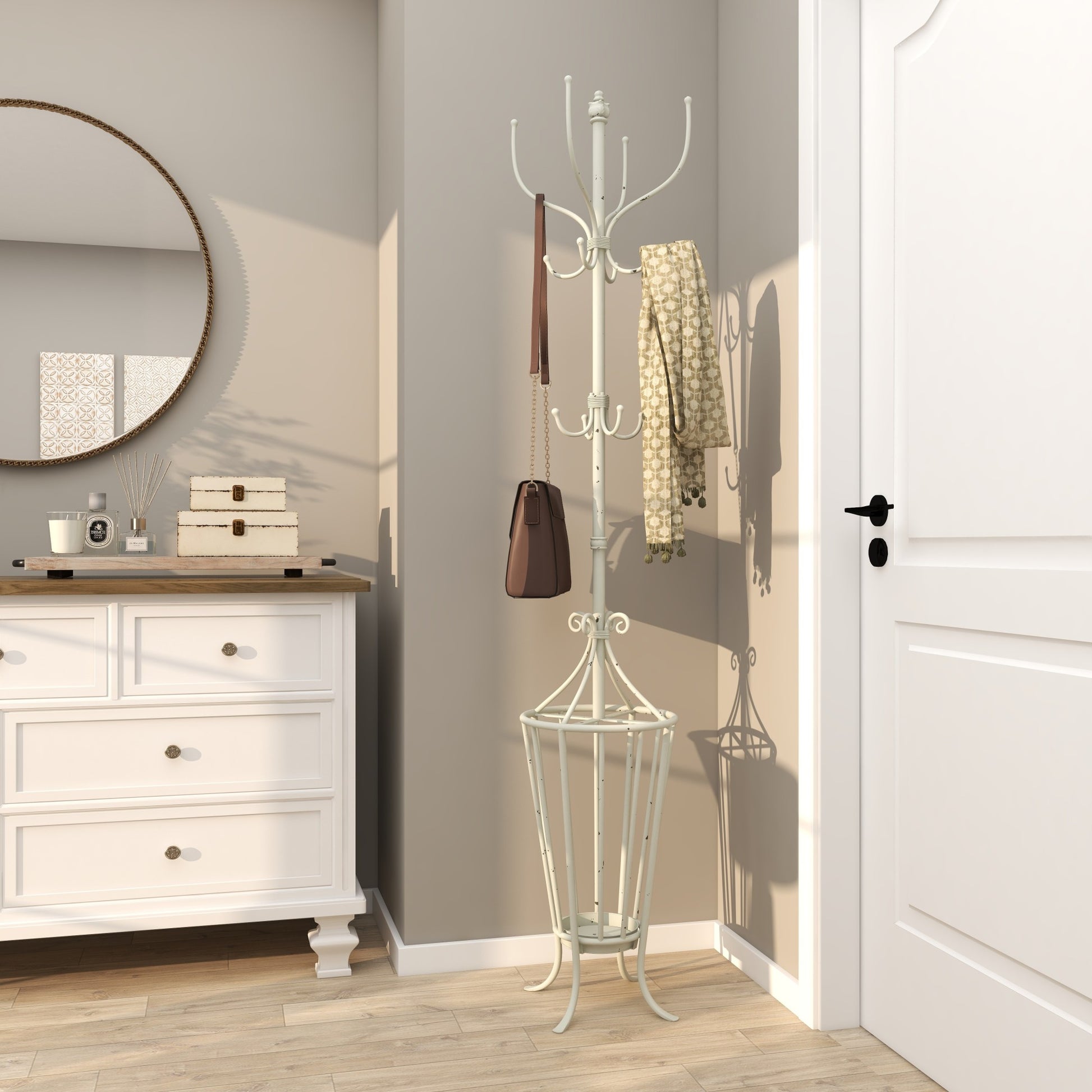 Scroll White Metal Vintage Style 12 Hook Freestanding Coat Rack with Umbrella Storage Base