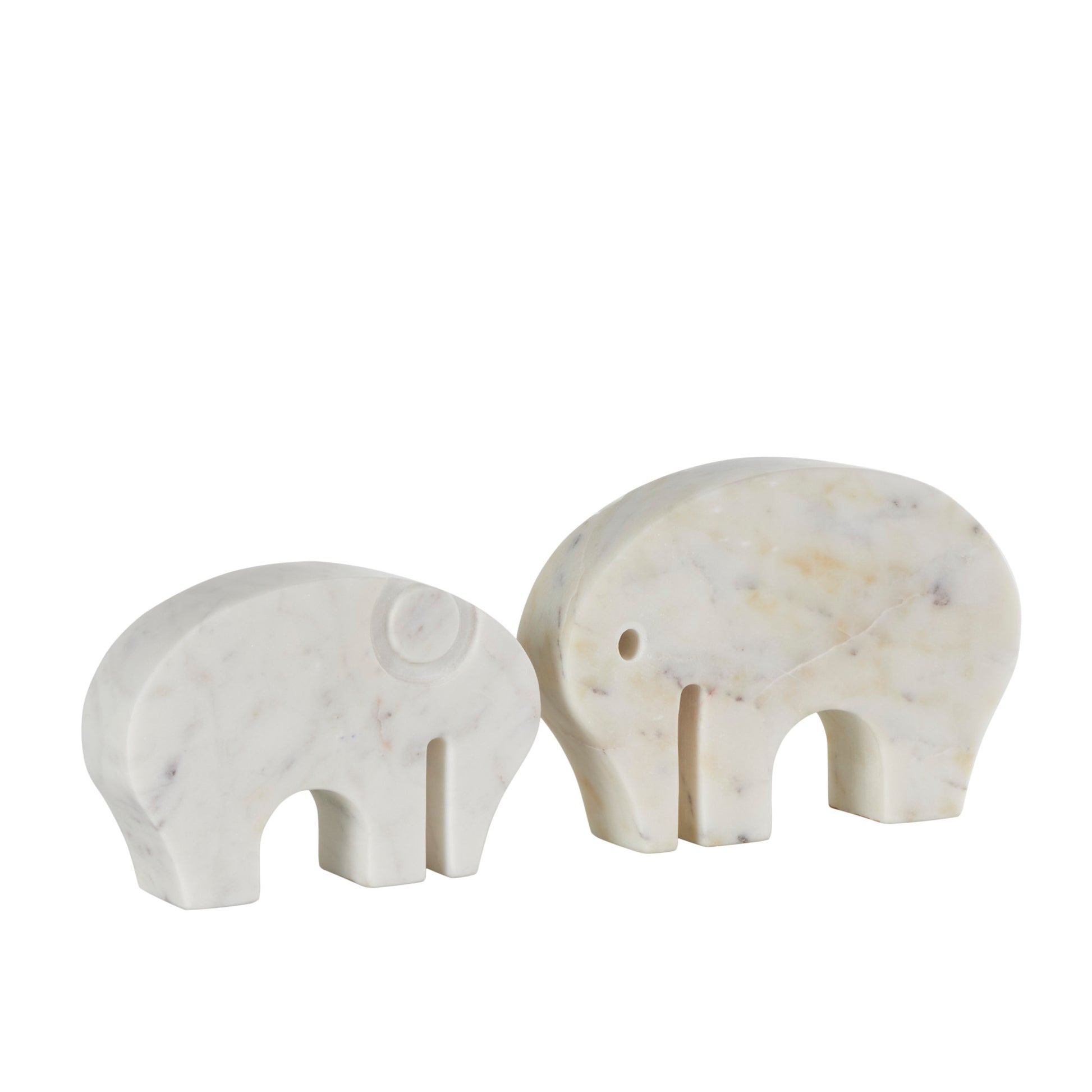 Set of 2 Elephant White Marble Rounded Abstract Decorative Sculpture with Gray Marble Veins and Cutouts