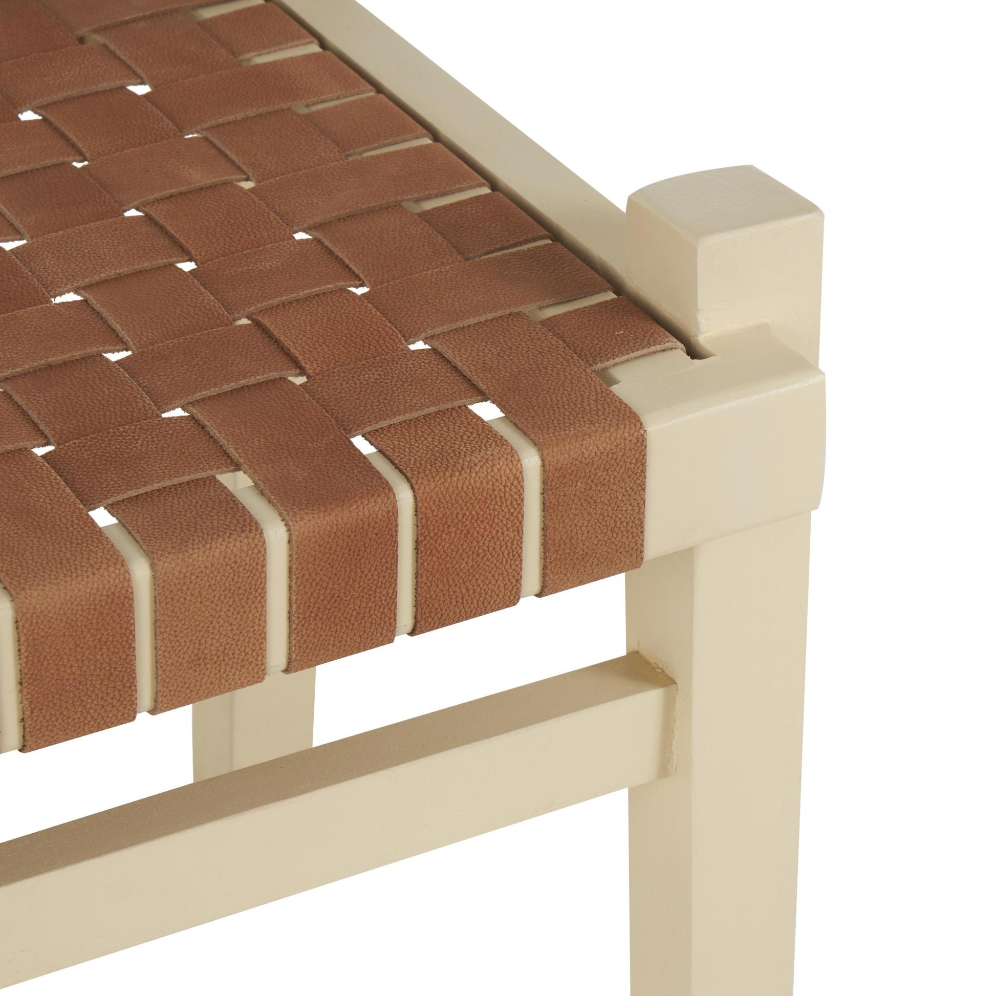 Leather Handmade Woven Seat Home Bench with Beige Wood Base