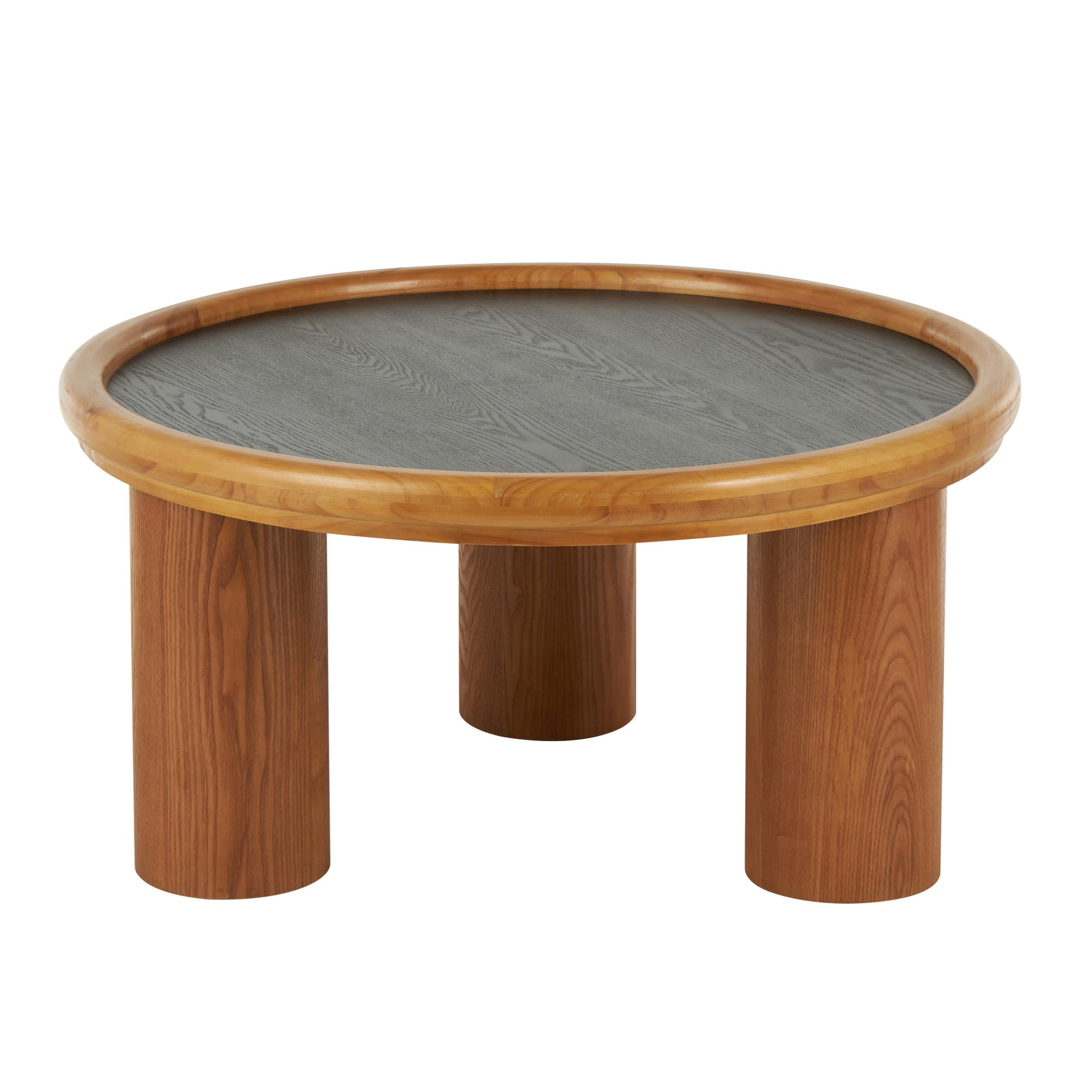Brown Wood Handmade Round Living Room Coffee Table with Black Tabletop