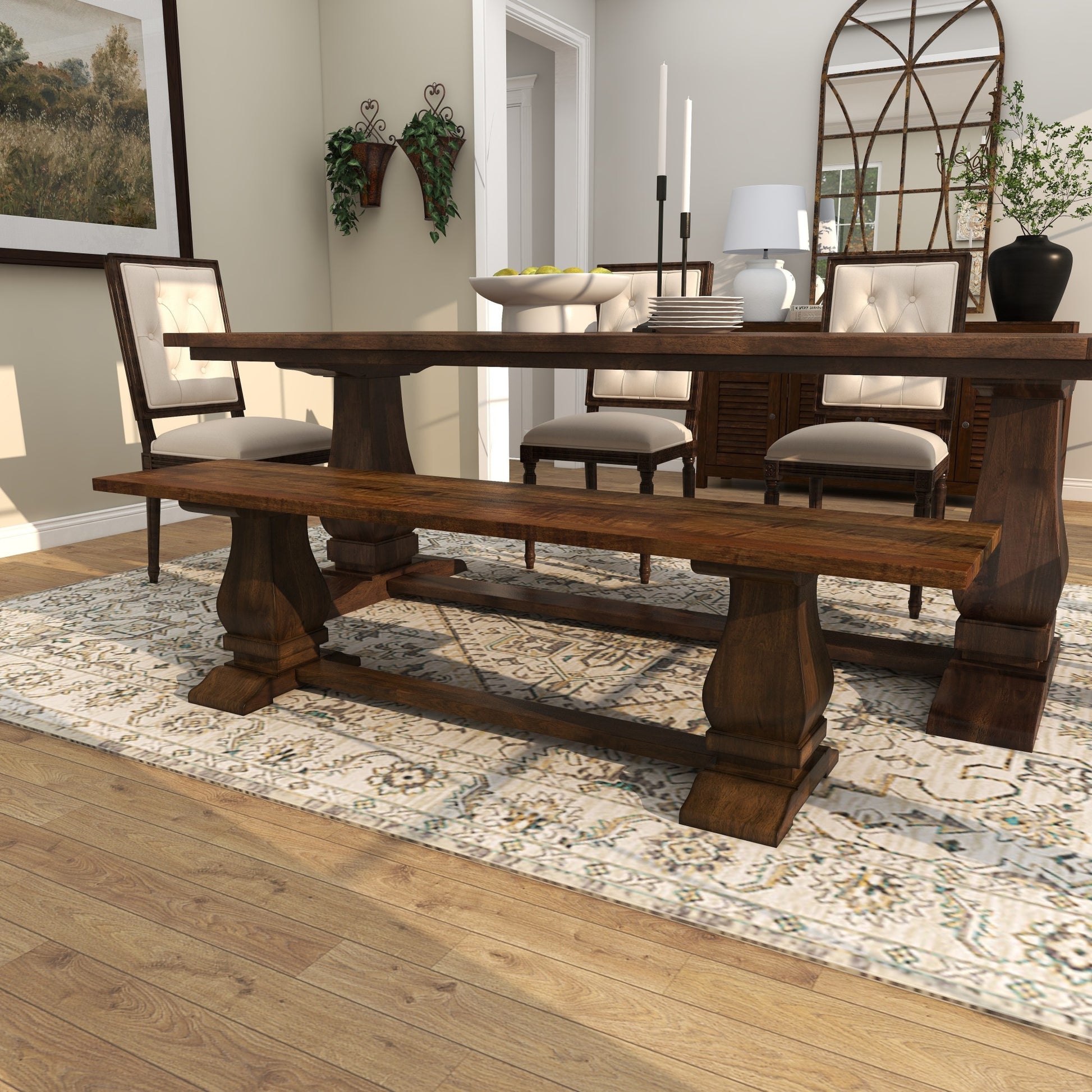 Brown Mango Wood Turned Home Bench with Parquet Inlay