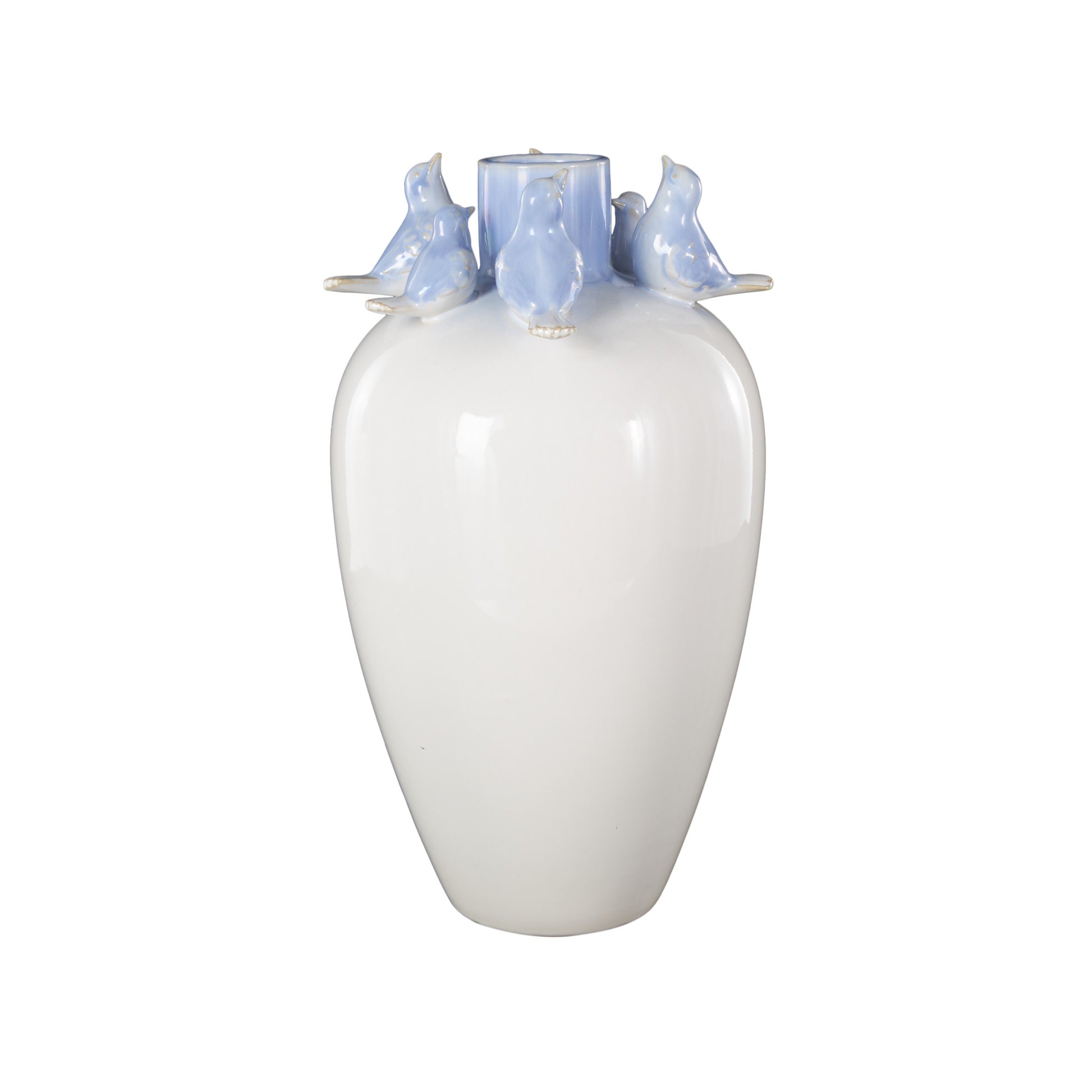 Bird White Ceramic Decorative Vase with Blue Accents
