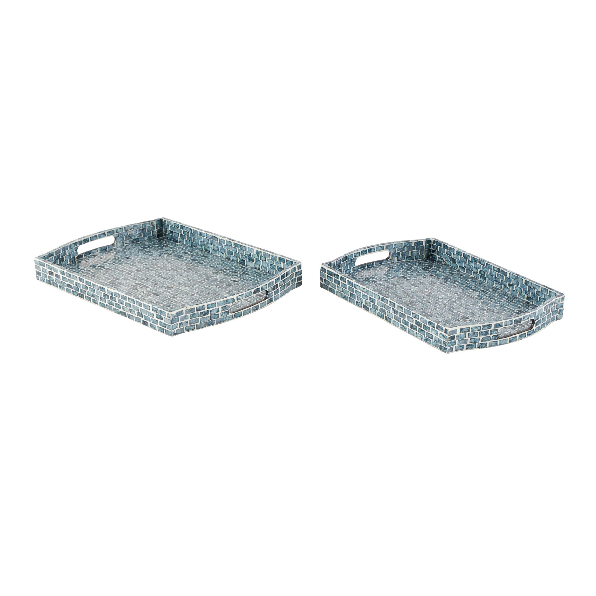 Set of 2 Blue Wood Living Room Decor Tray with Slot Handles