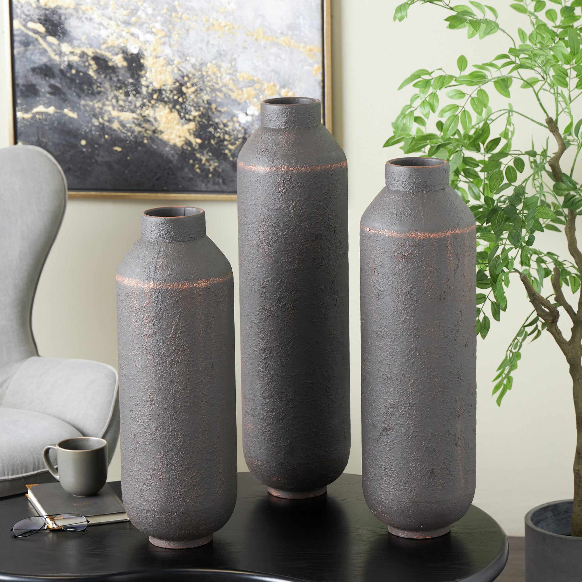 Set of 3 Dark Brown Metal Floor Decorative Vase with Copper Accents