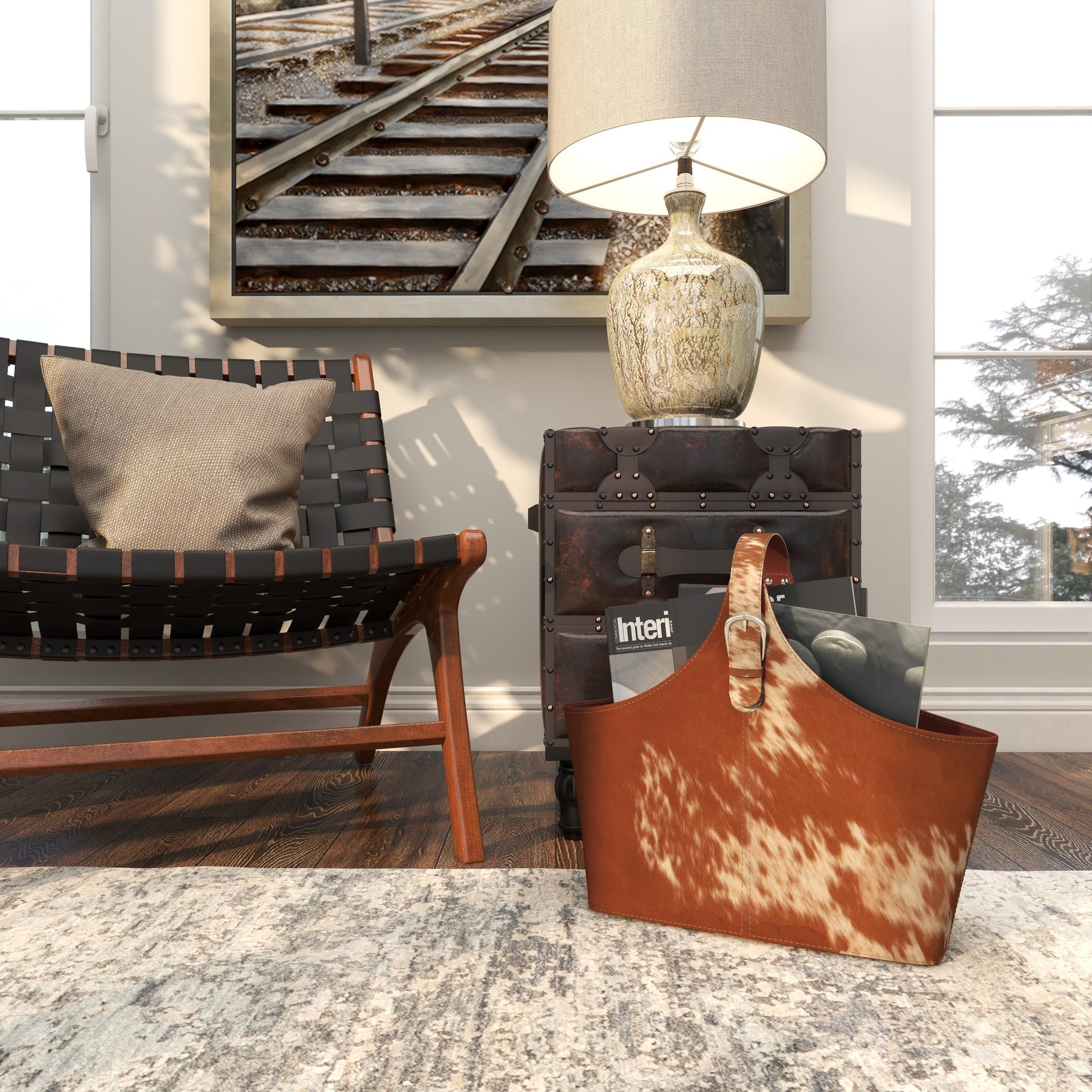 Leather Handmade Box Style Decorative Magazine Holder with Detail Stitching and Curved Buckle Handle