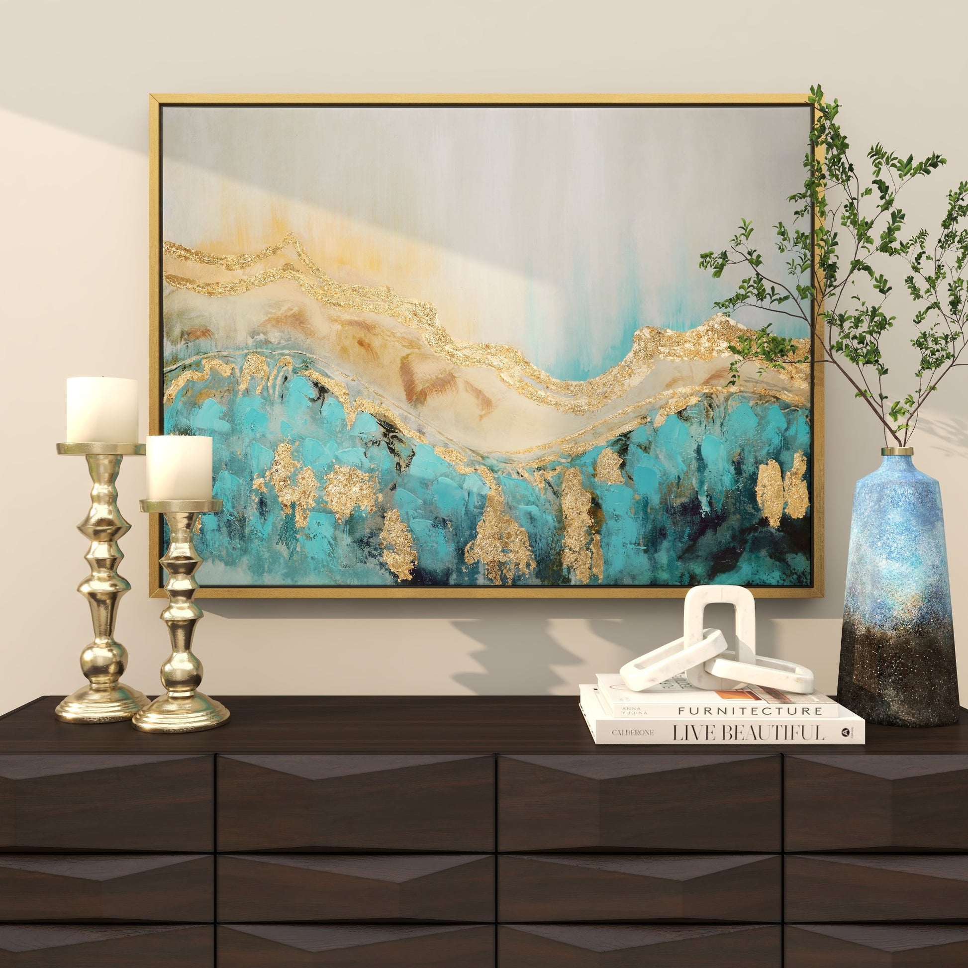 Abstract Blue Canvas Wave Living Room Framed Wall Art with Gold Foil Accents