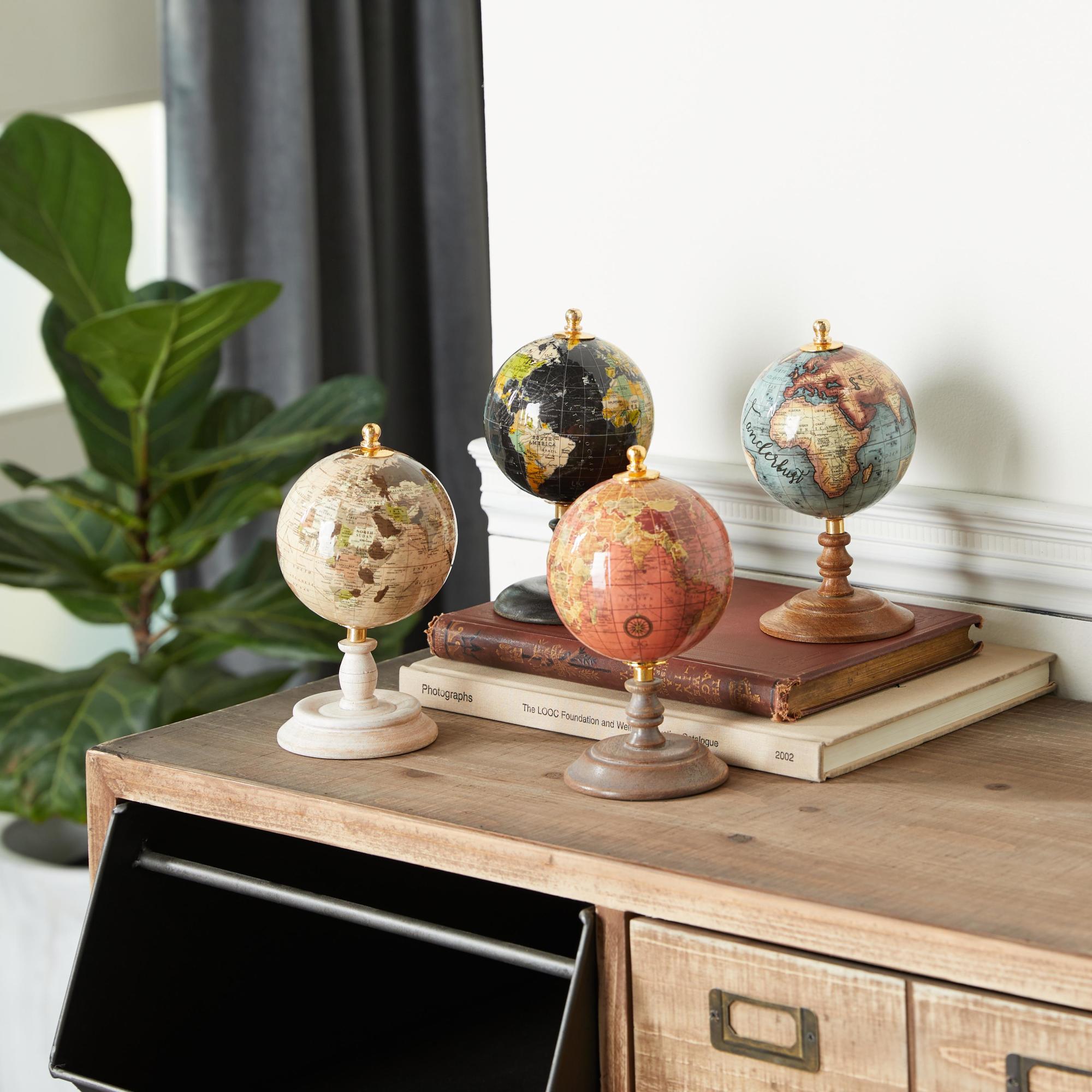 Set of 4 World Map Multi Colored Mango Wood Small Educational/Geographic Earth Globe
