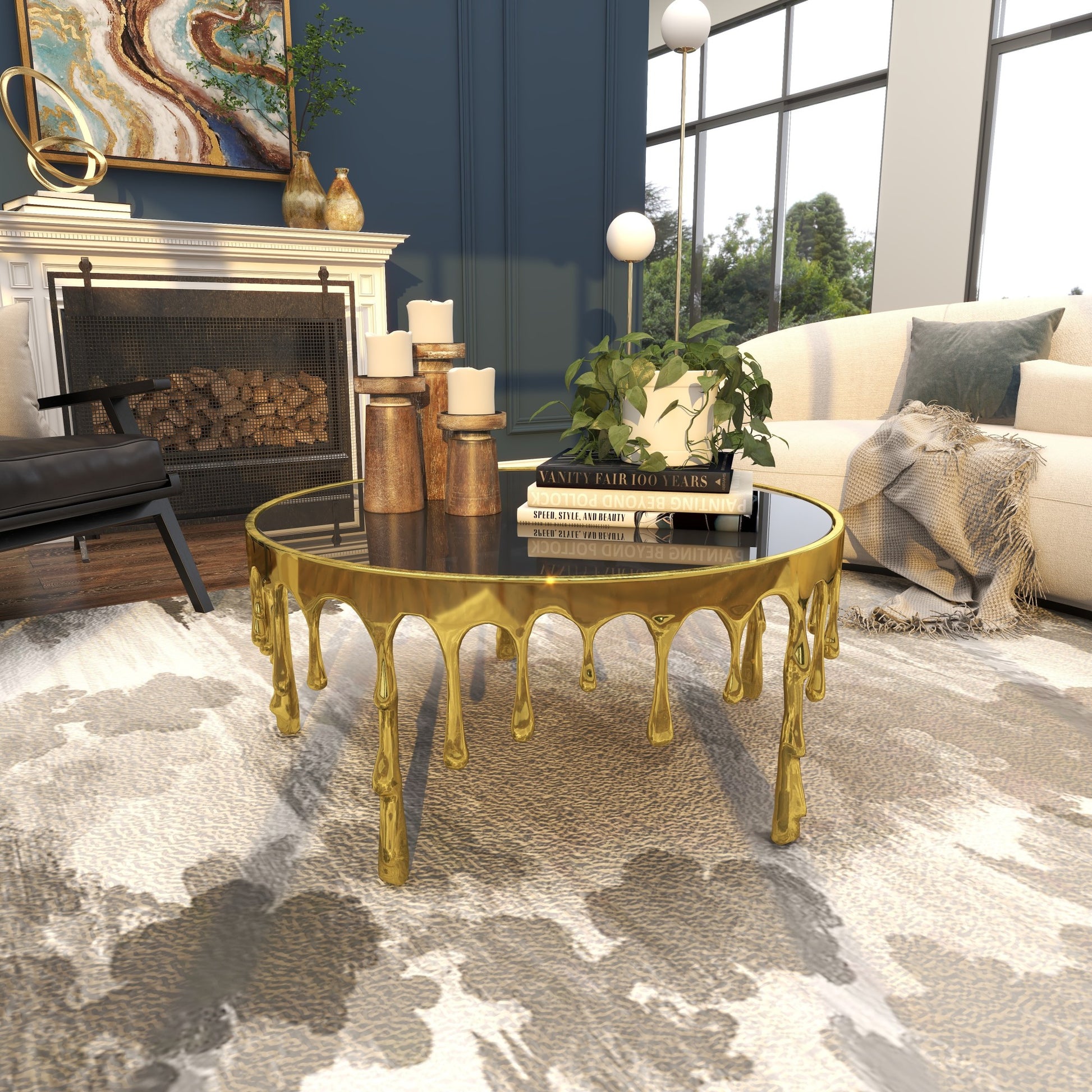 Abstract Aluminum Metal Drip Living Room Coffee Table with Melting Designed Legs and Shaded Glass Top