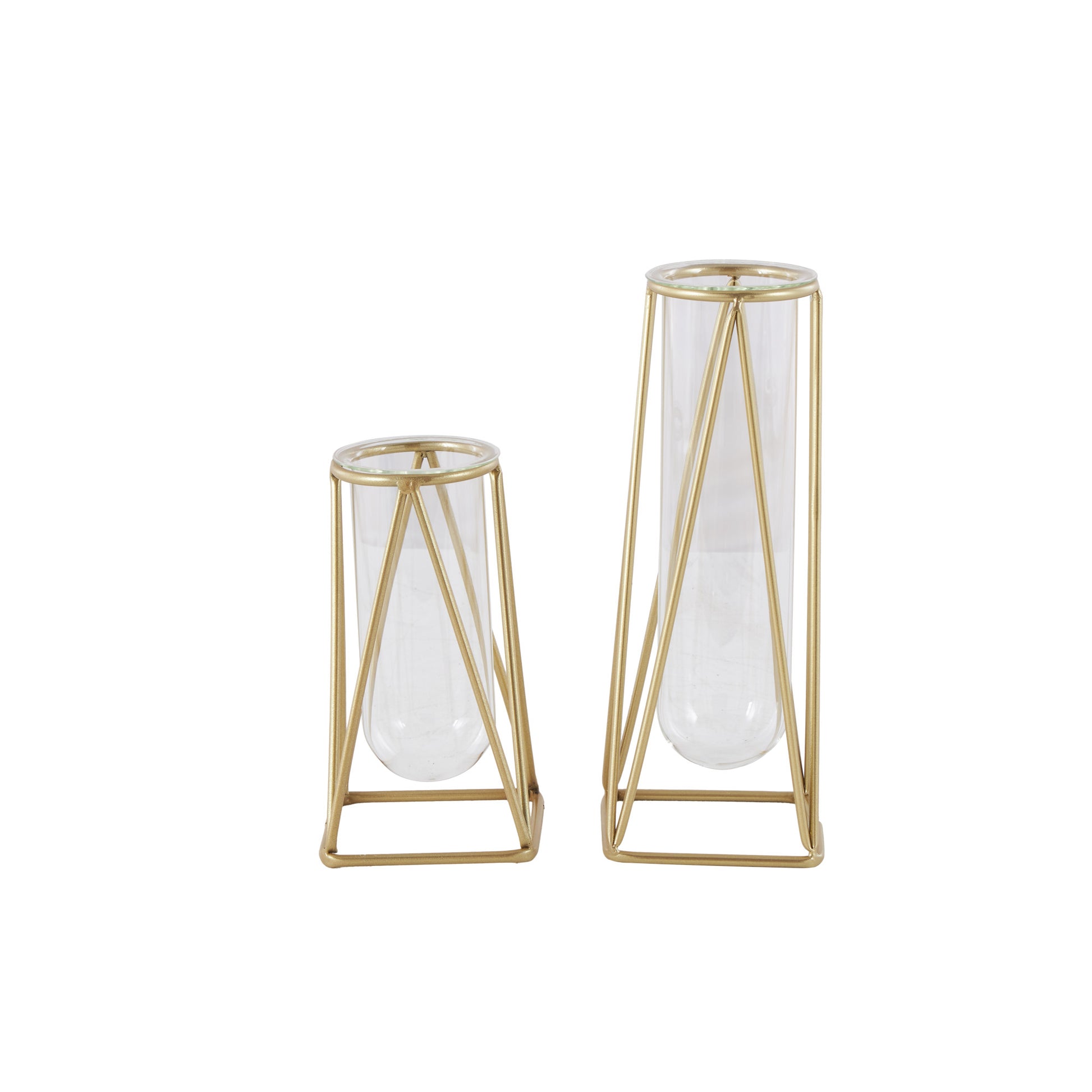 Set of 2 Geometric Glass Tube Decorative Vase with Metal Stand