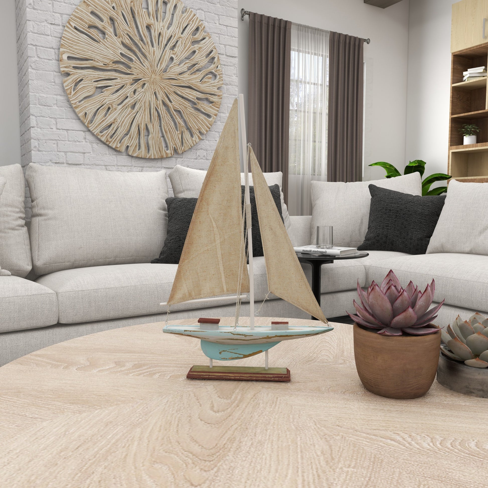 Sail Boat Blue Wood Distressed Decorative Sculpture with Cream Linen Sails and Brown Accents