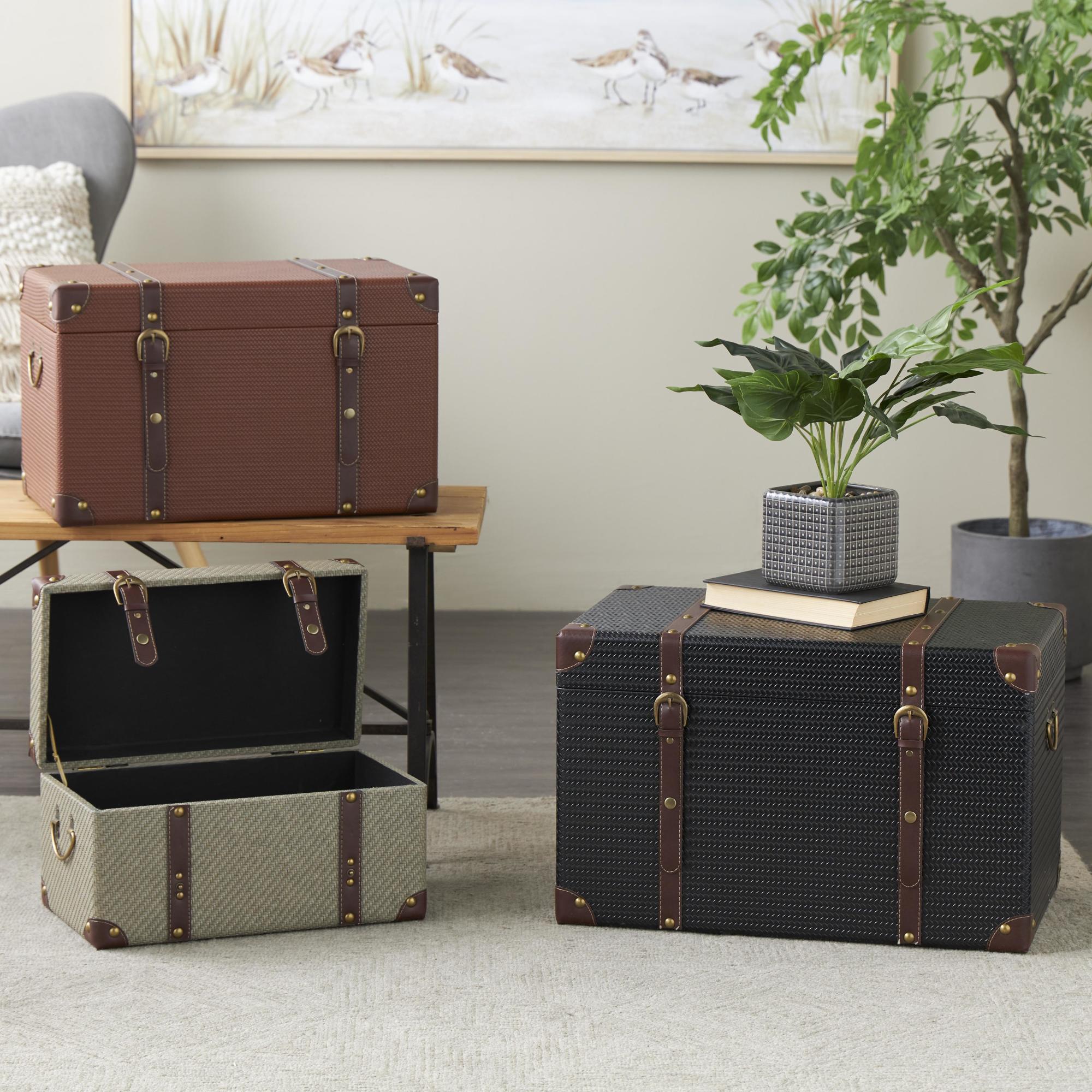 Set of 3 Multi Colored Wooden Vintage Studded Woven Storage Decorative Trunk with Brown Buckle Straps